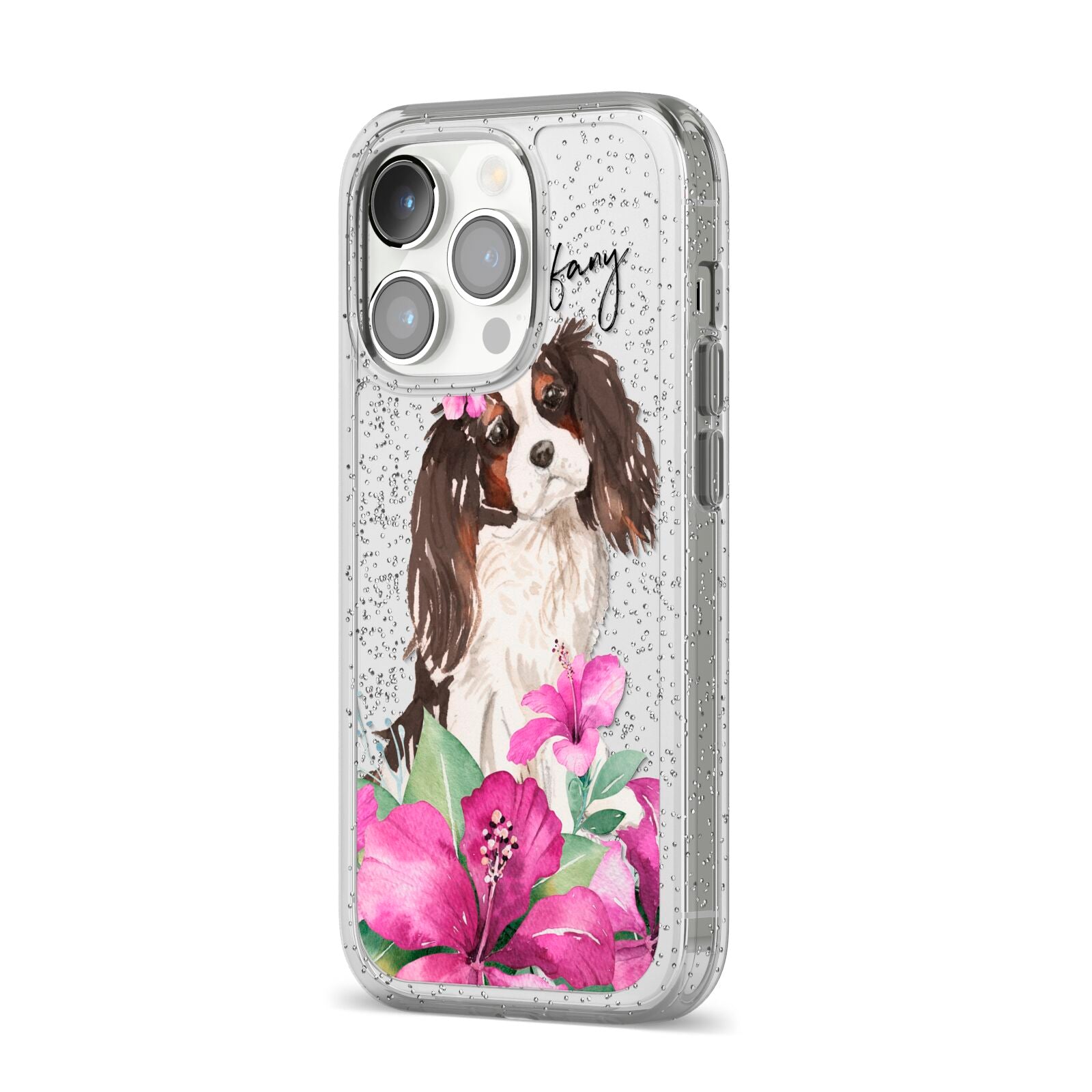 Personalised Cavalier King Charles Spaniel iPhone 14 Pro Glitter Tough Case Silver Angled Image