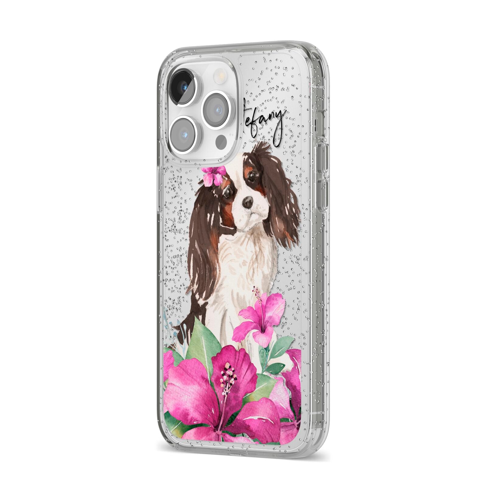 Personalised Cavalier King Charles Spaniel iPhone 14 Pro Max Glitter Tough Case Silver Angled Image
