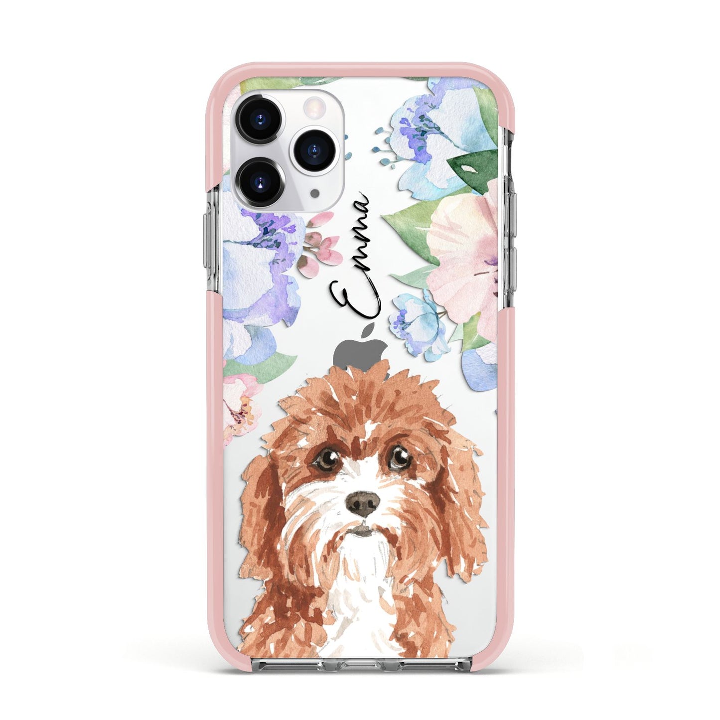 Personalised Cavapoo Apple iPhone 11 Pro in Silver with Pink Impact Case