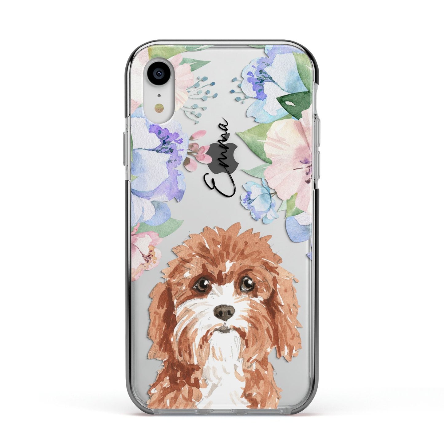 Personalised Cavapoo Apple iPhone XR Impact Case Black Edge on Silver Phone