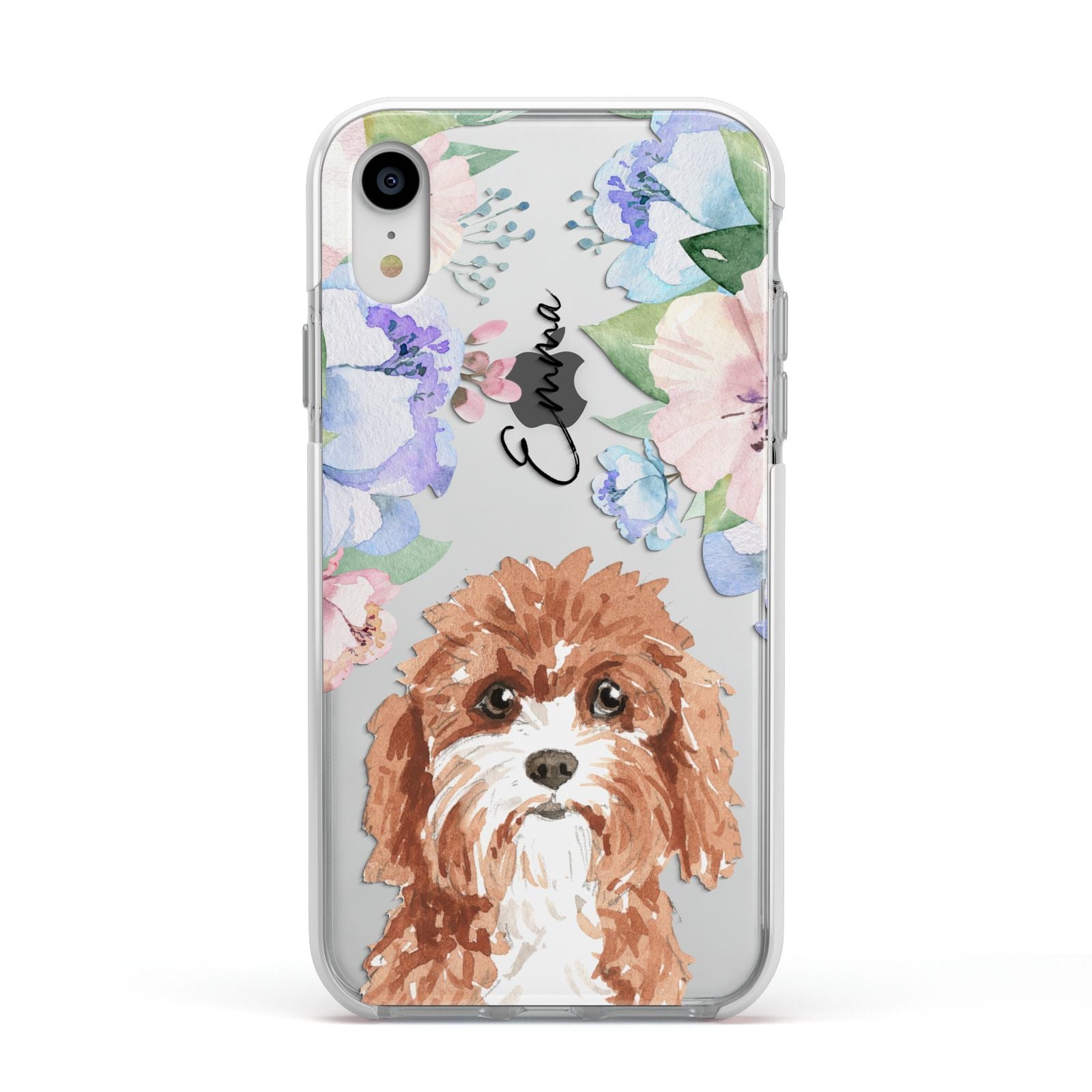 Personalised Cavapoo Apple iPhone XR Impact Case White Edge on Silver Phone