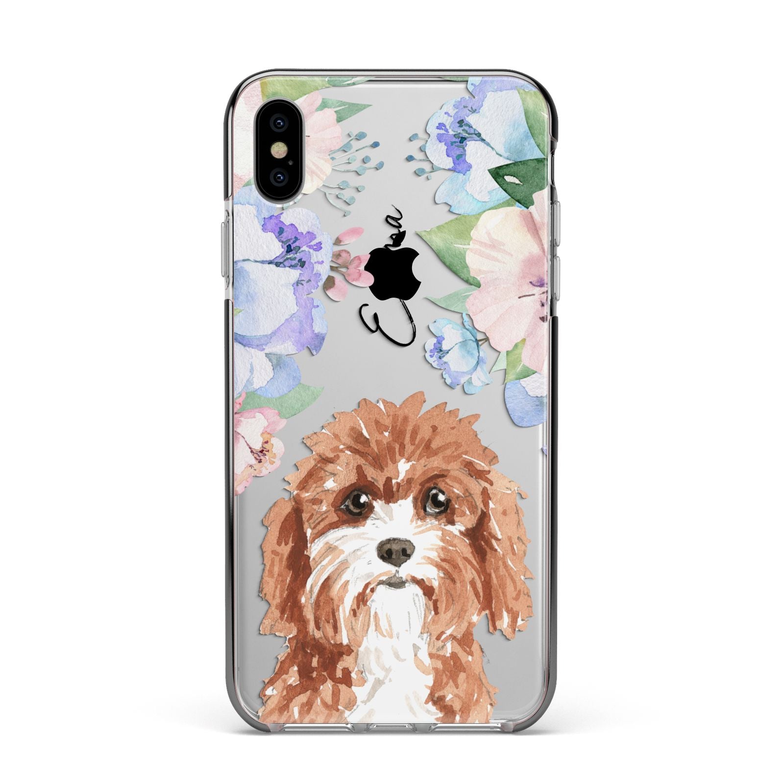 Personalised Cavapoo Apple iPhone Xs Max Impact Case Black Edge on Silver Phone