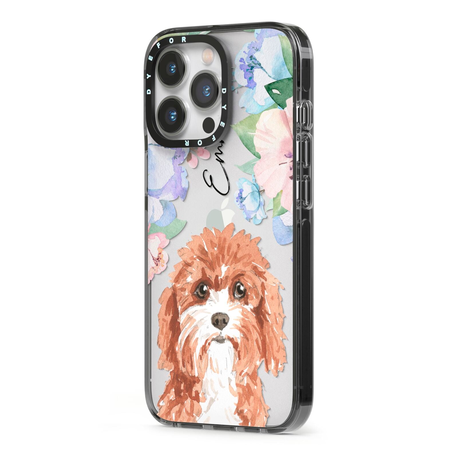 Personalised Cavapoo iPhone 13 Pro Black Impact Case Side Angle on Silver phone
