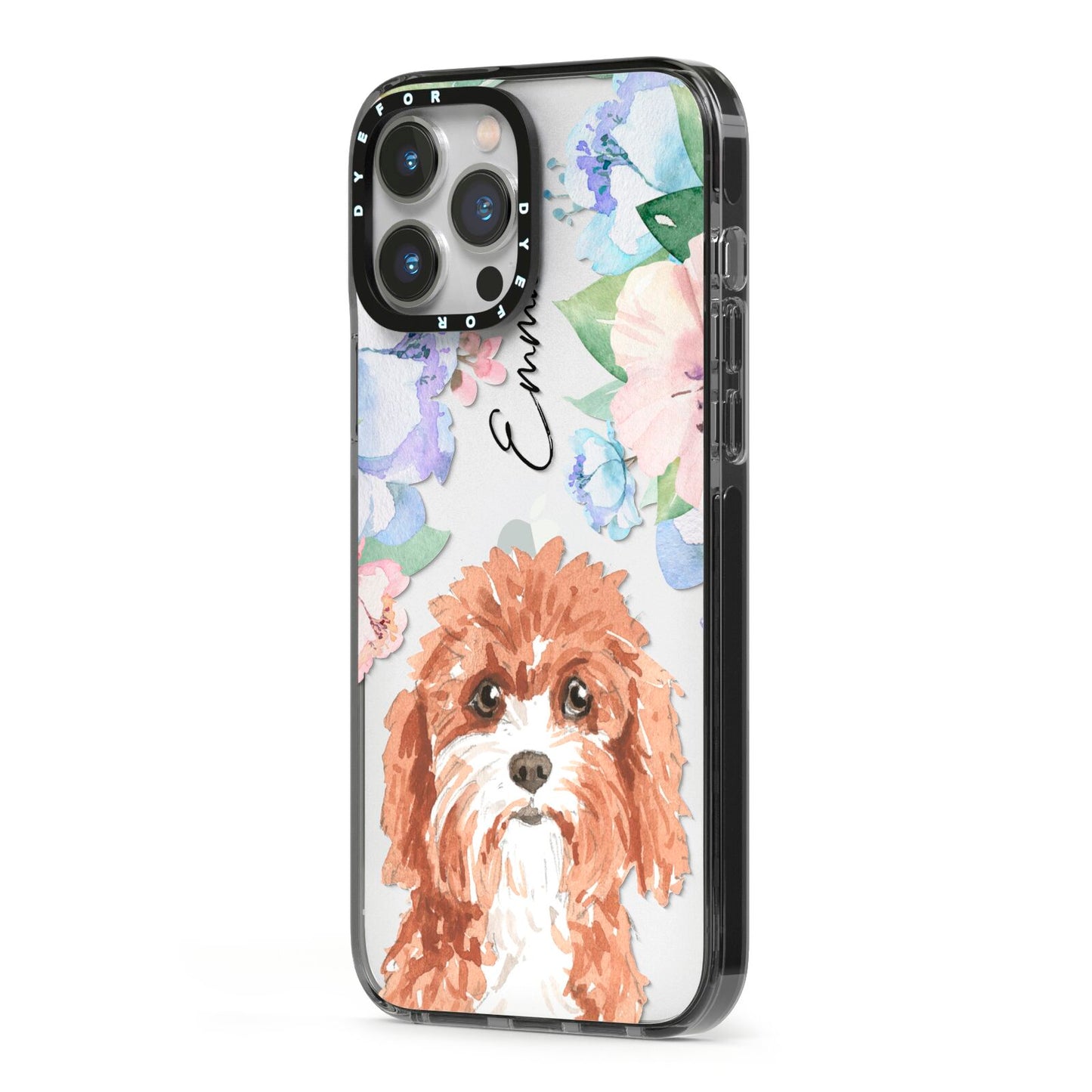 Personalised Cavapoo iPhone 13 Pro Max Black Impact Case Side Angle on Silver phone
