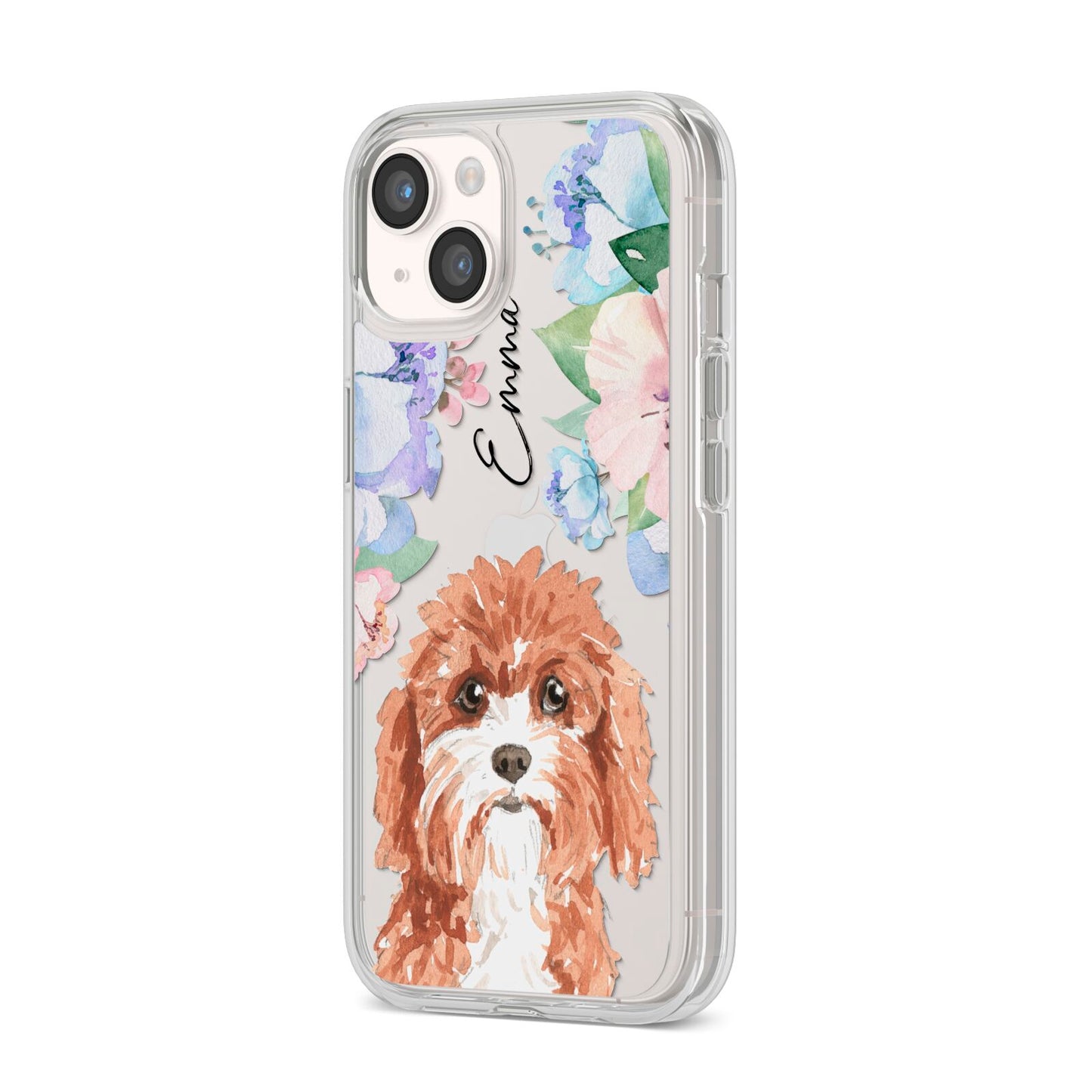 Personalised Cavapoo iPhone 14 Clear Tough Case Starlight Angled Image