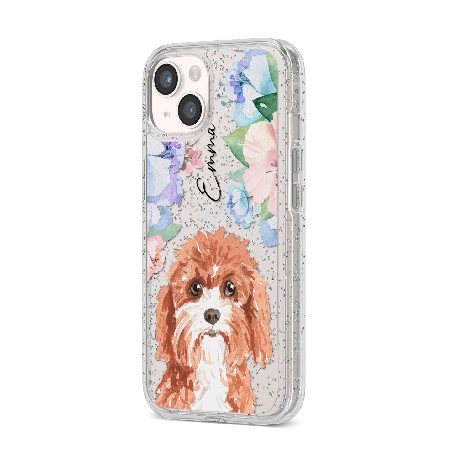 Personalised Cavapoo iPhone 14 Glitter Tough Case Starlight Angled Image