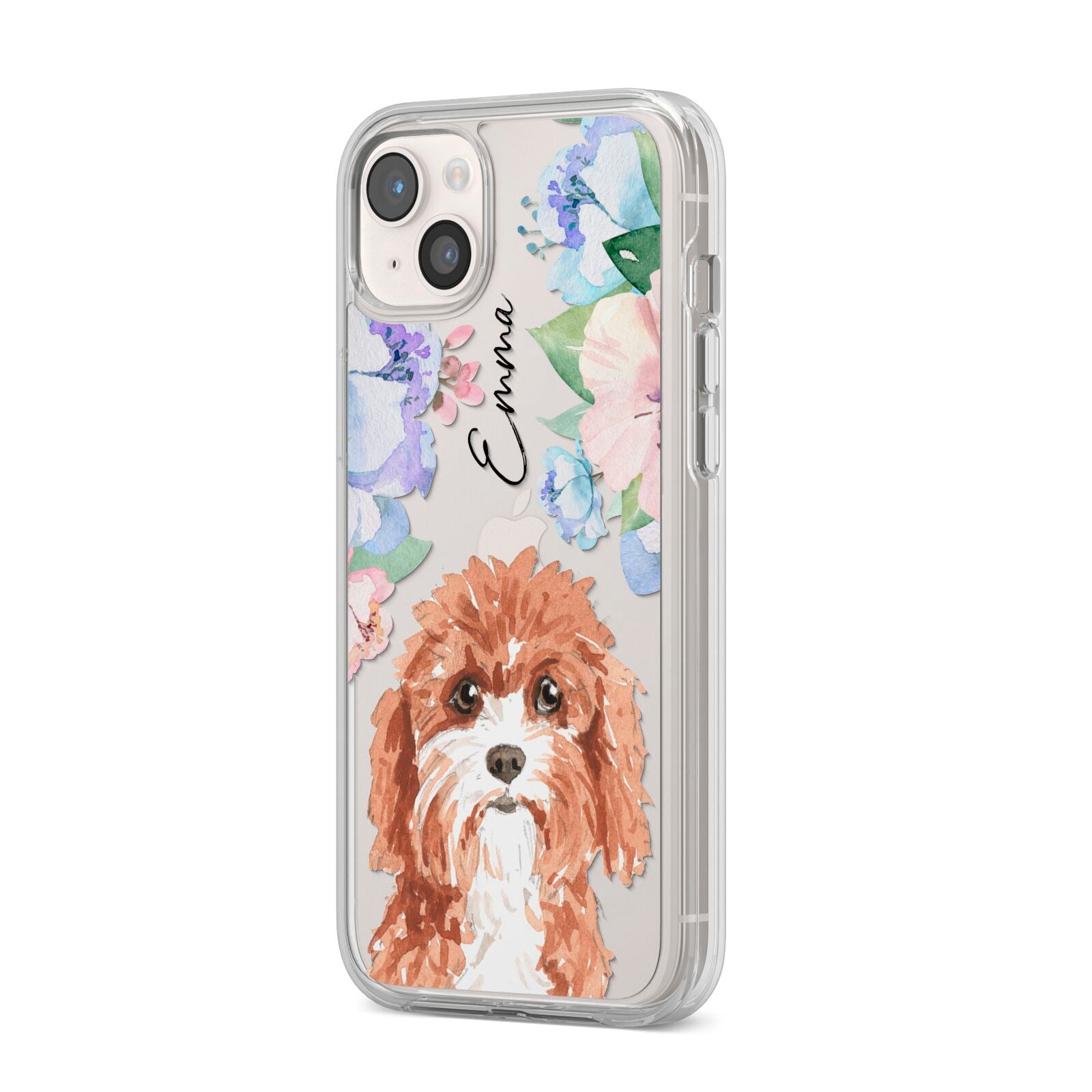 Personalised Cavapoo iPhone 14 Plus Clear Tough Case Starlight Angled Image