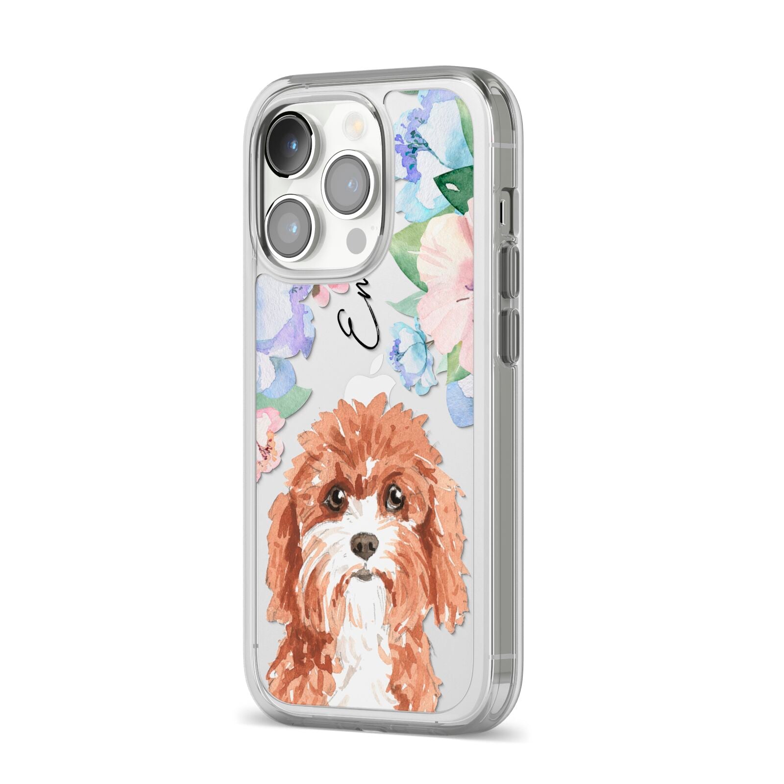 Personalised Cavapoo iPhone 14 Pro Clear Tough Case Silver Angled Image