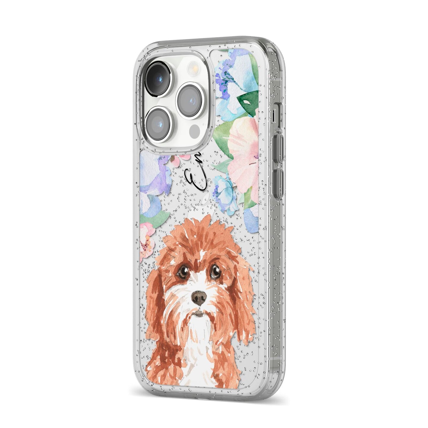 Personalised Cavapoo iPhone 14 Pro Glitter Tough Case Silver Angled Image