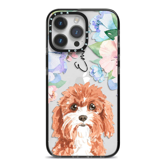 Personalised Cavapoo iPhone 14 Pro Max Black Impact Case on Silver phone
