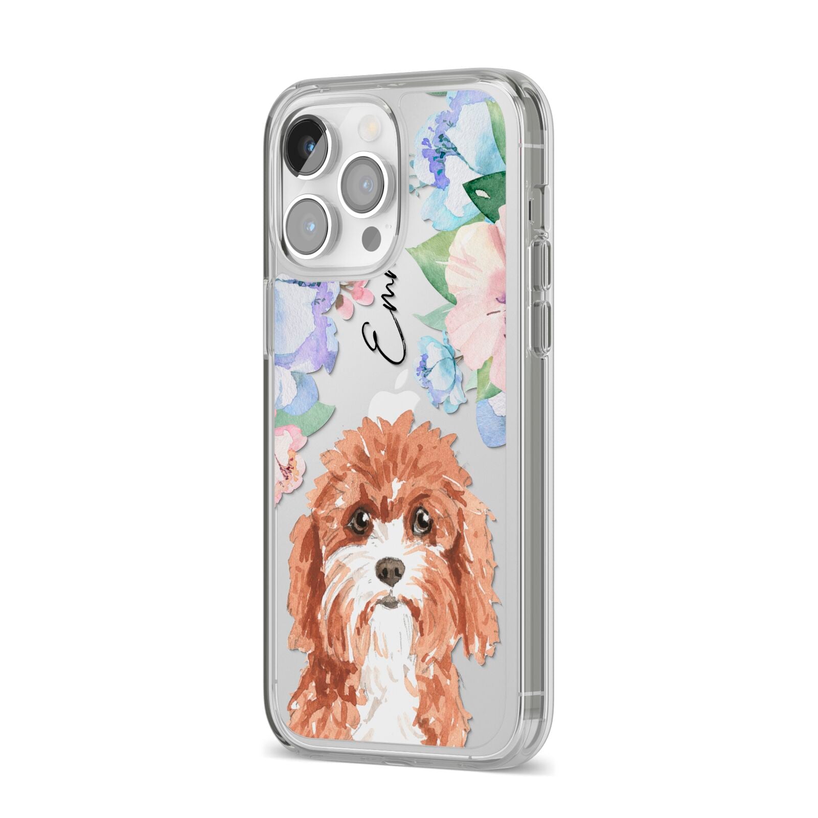 Personalised Cavapoo iPhone 14 Pro Max Clear Tough Case Silver Angled Image