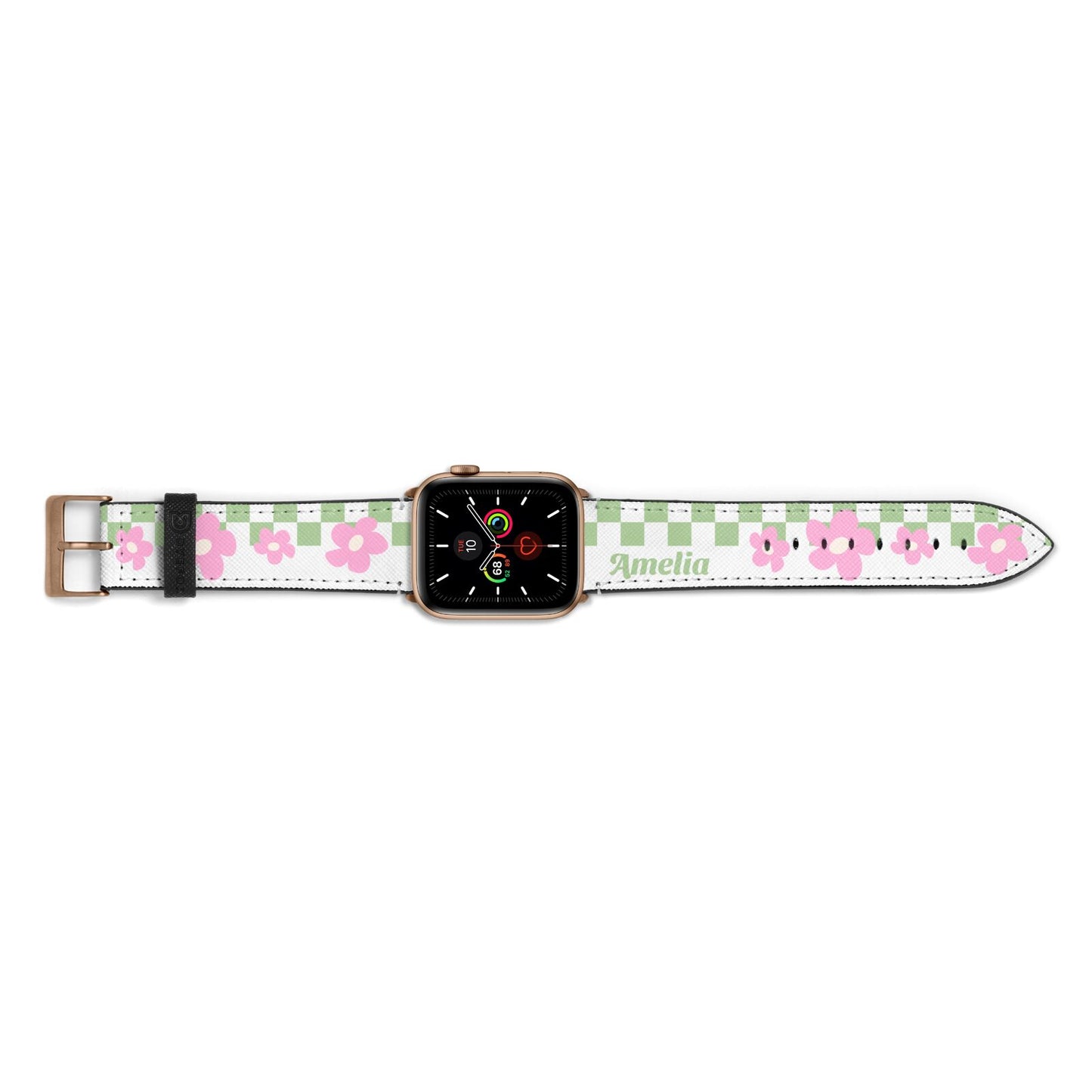 Personalised Check Floral Apple Watch Strap Landscape Image Gold Hardware