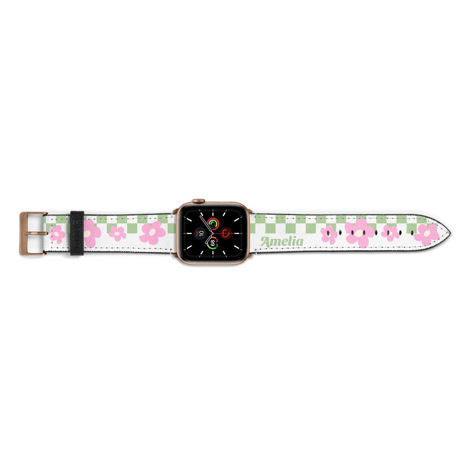 Personalised Check Floral Apple Watch Strap Landscape Image Gold Hardware