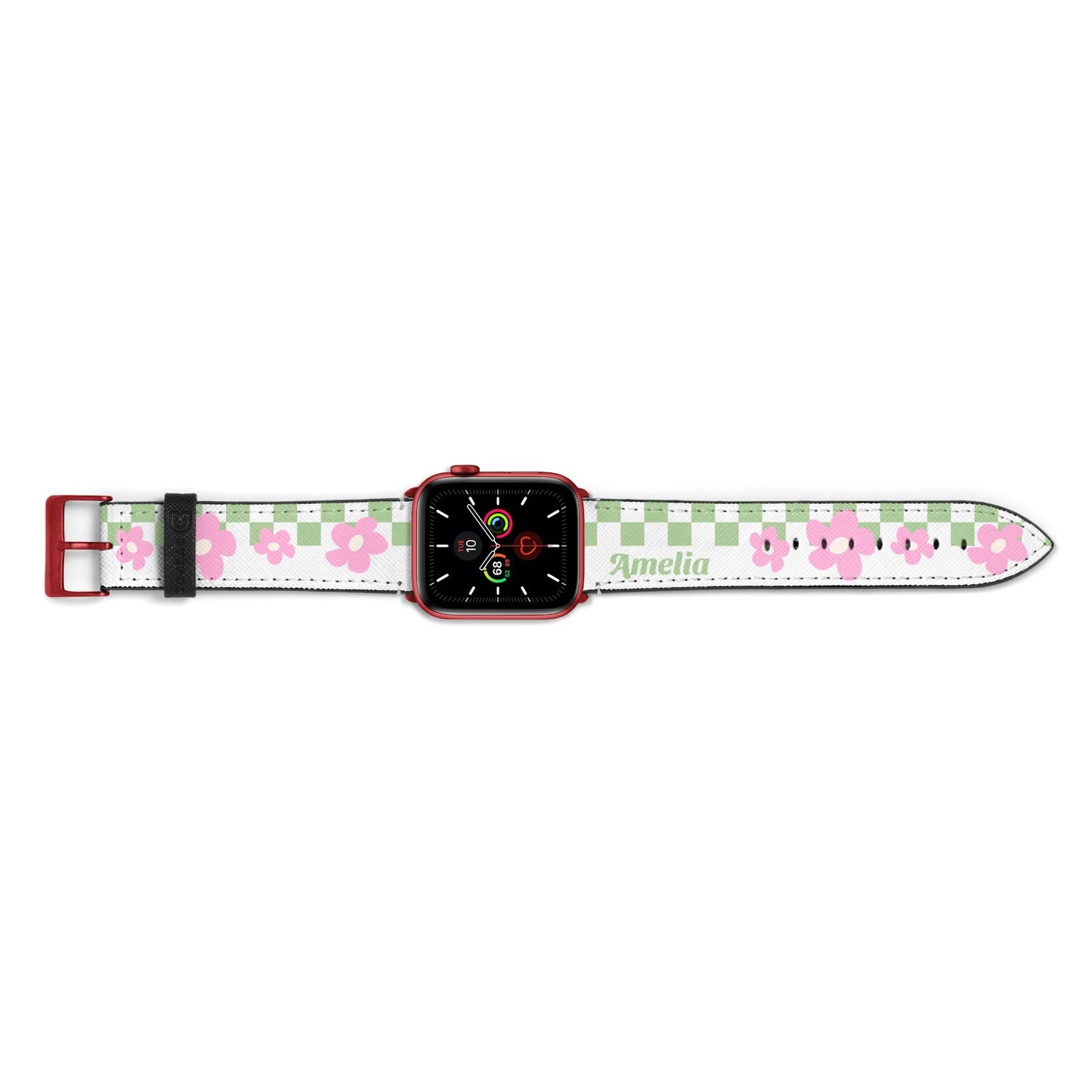 Personalised Check Floral Apple Watch Strap Landscape Image Red Hardware