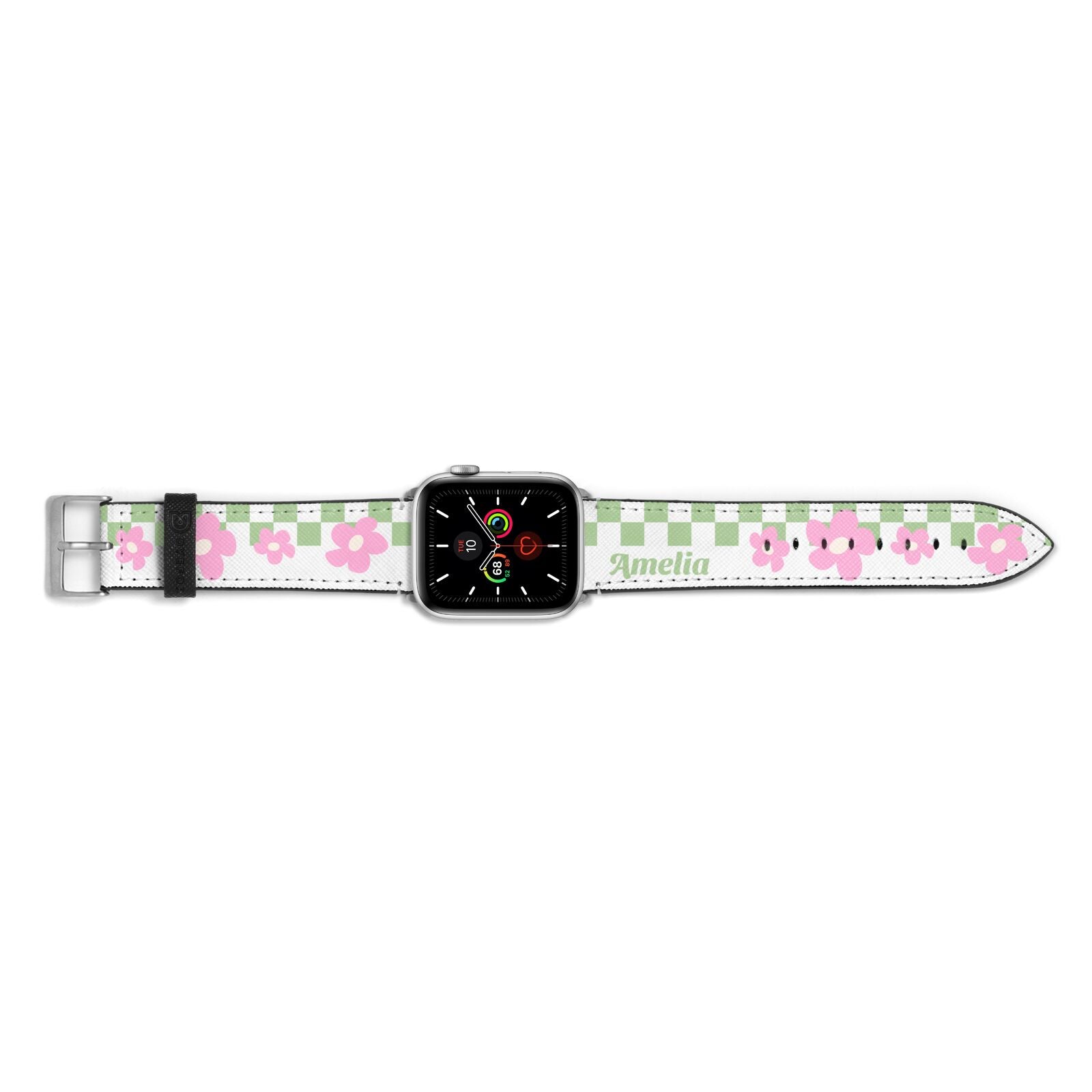 Personalised Check Floral Apple Watch Strap Landscape Image Silver Hardware