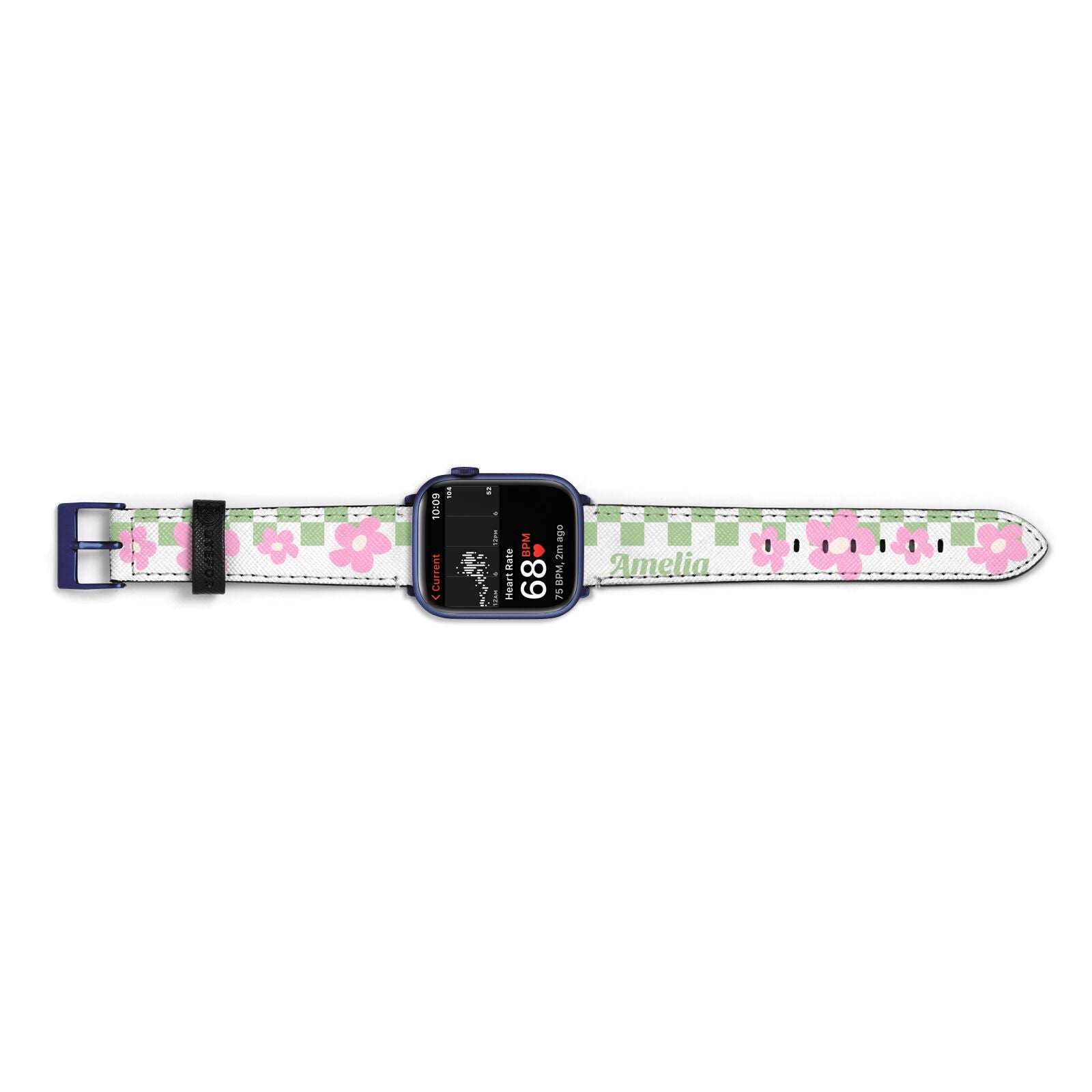 Personalised Check Floral Apple Watch Strap Size 38mm Landscape Image Blue Hardware