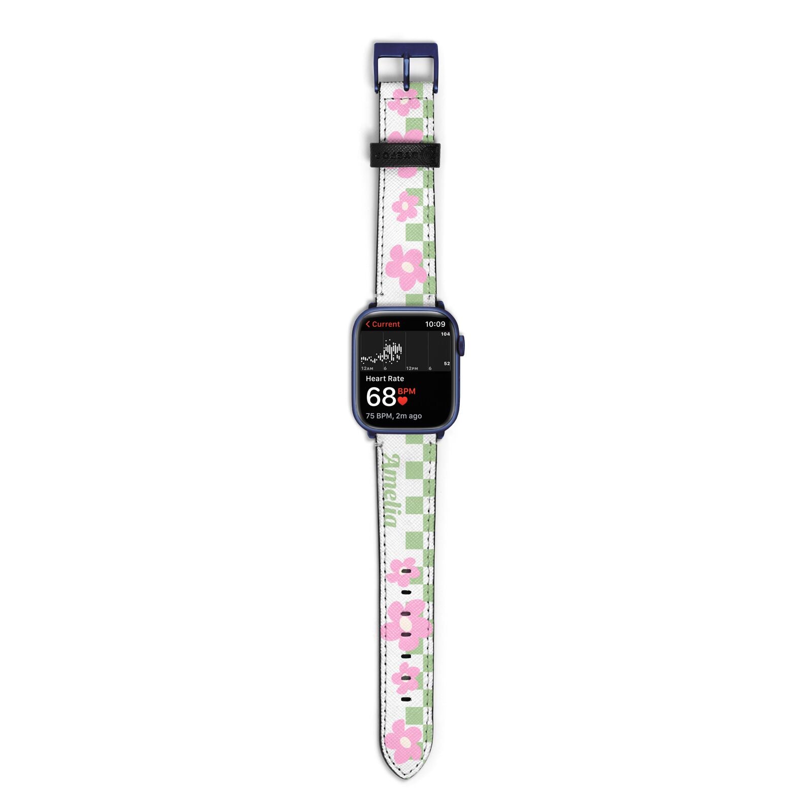 Personalised Check Floral Apple Watch Strap Size 38mm with Blue Hardware