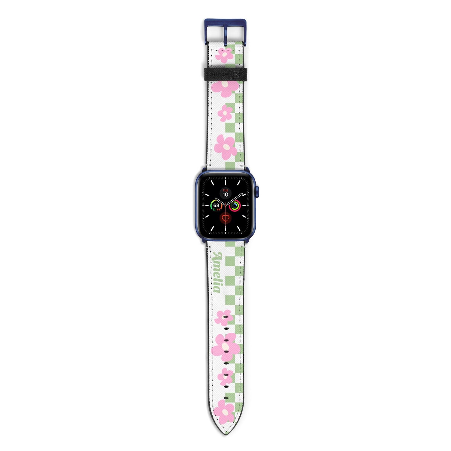 Personalised Check Floral Apple Watch Strap with Blue Hardware