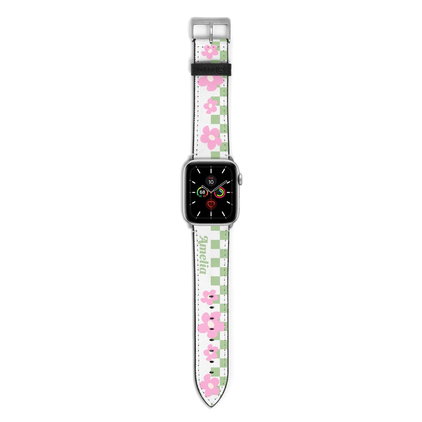 Personalised Check Floral Apple Watch Strap with Silver Hardware