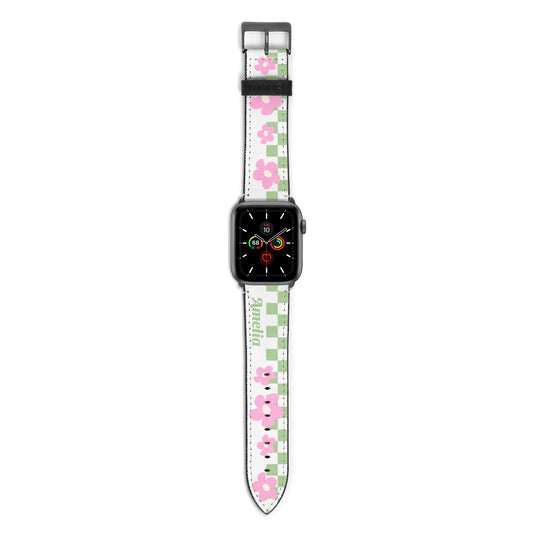 Personalised Check Floral Apple Watch Strap with Space Grey Hardware