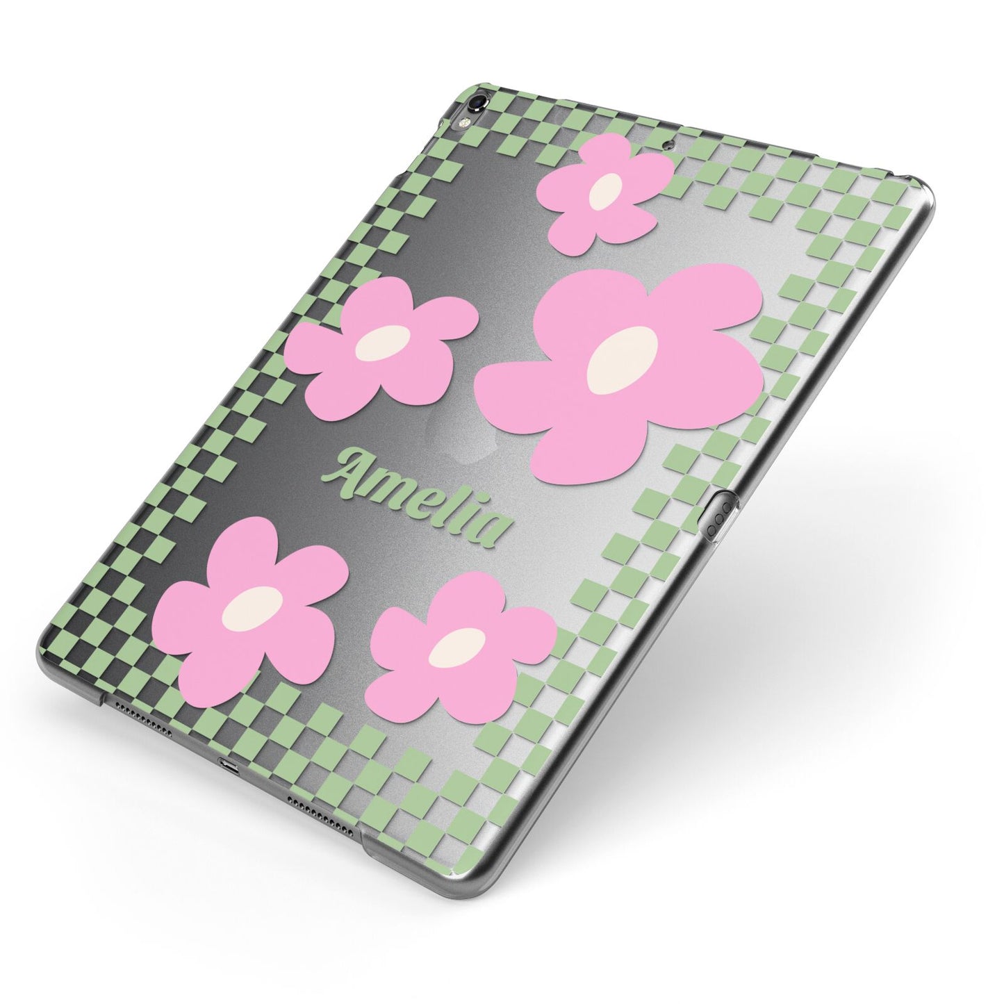 Personalised Check Floral Apple iPad Case on Grey iPad Side View