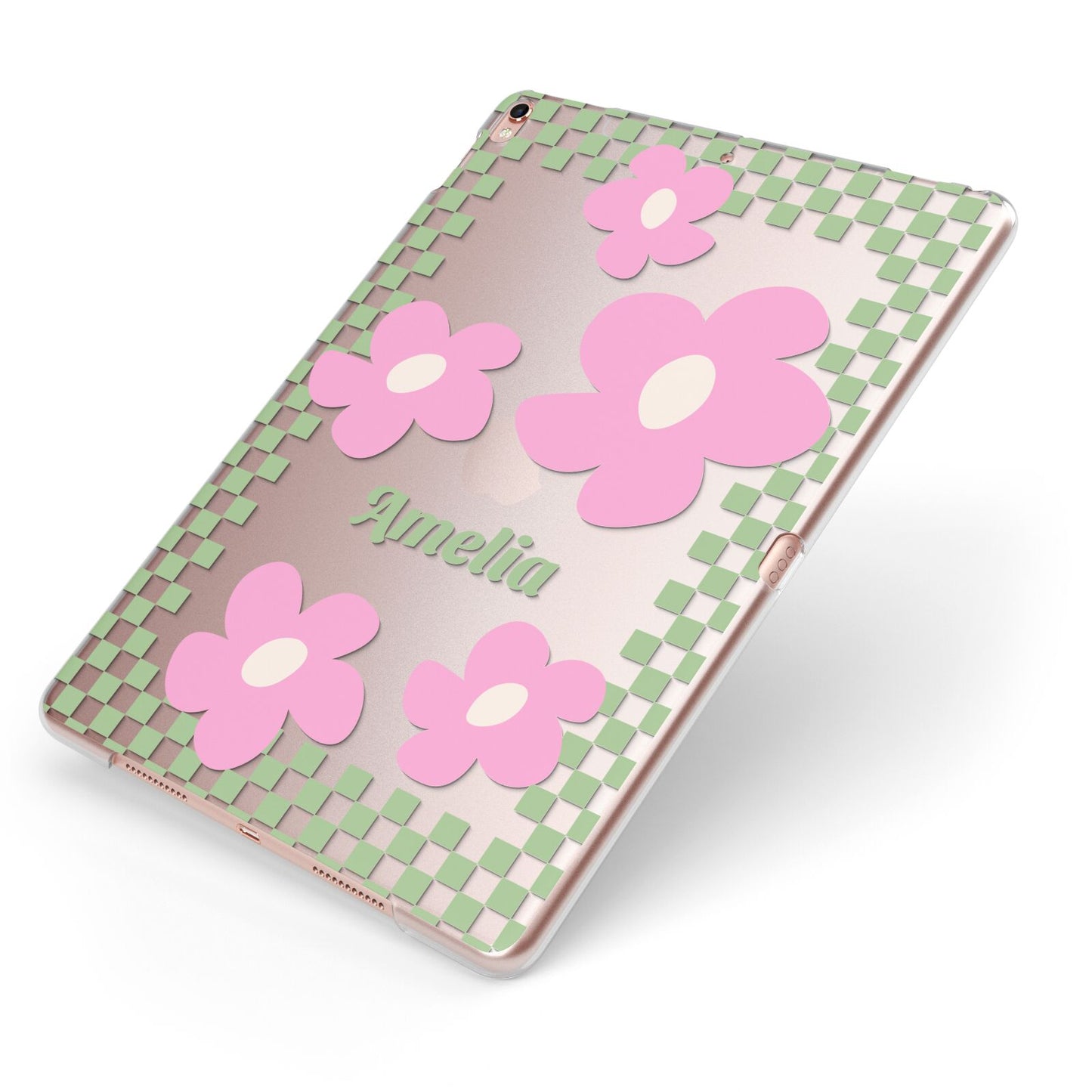 Personalised Check Floral Apple iPad Case on Rose Gold iPad Side View