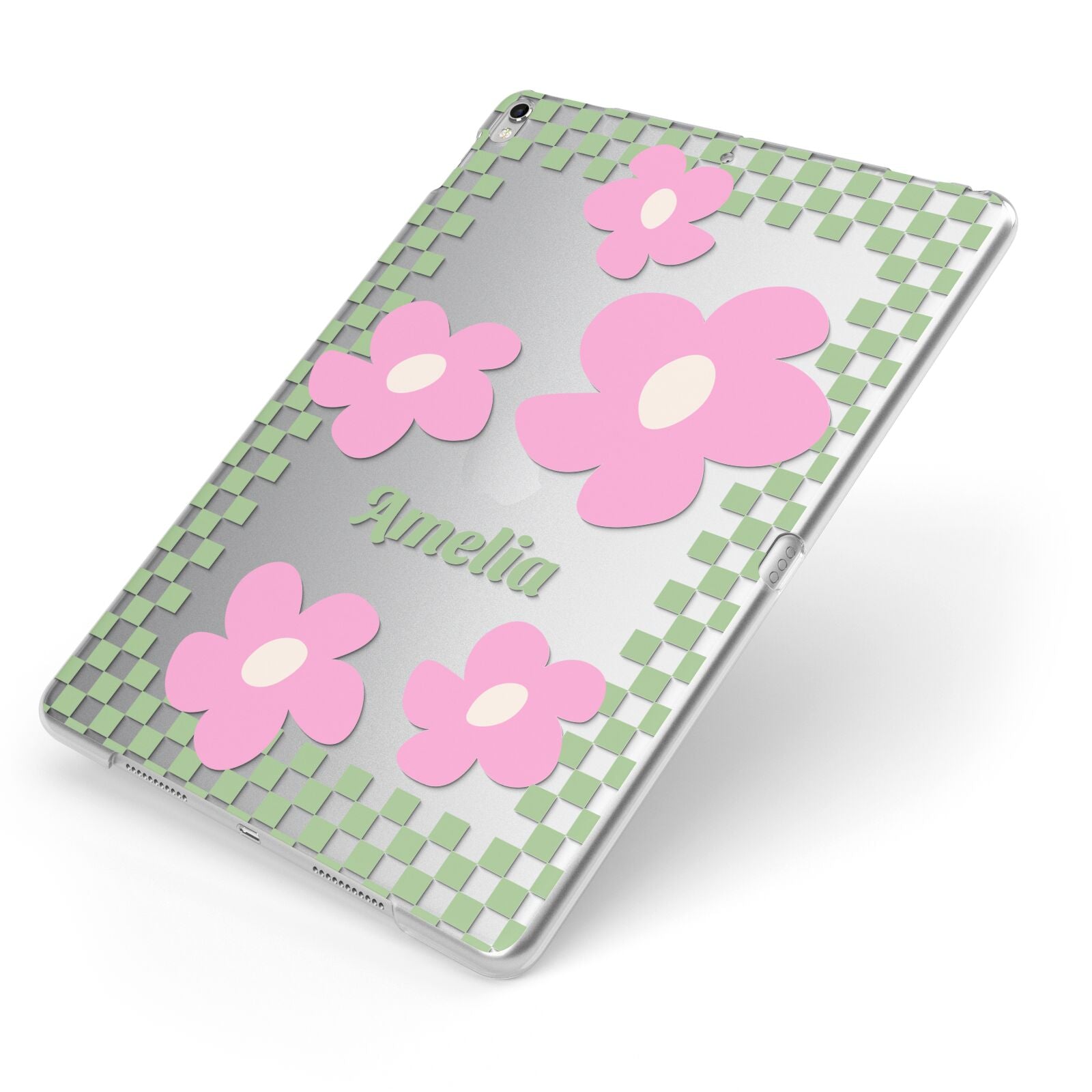 Personalised Check Floral Apple iPad Case on Silver iPad Side View