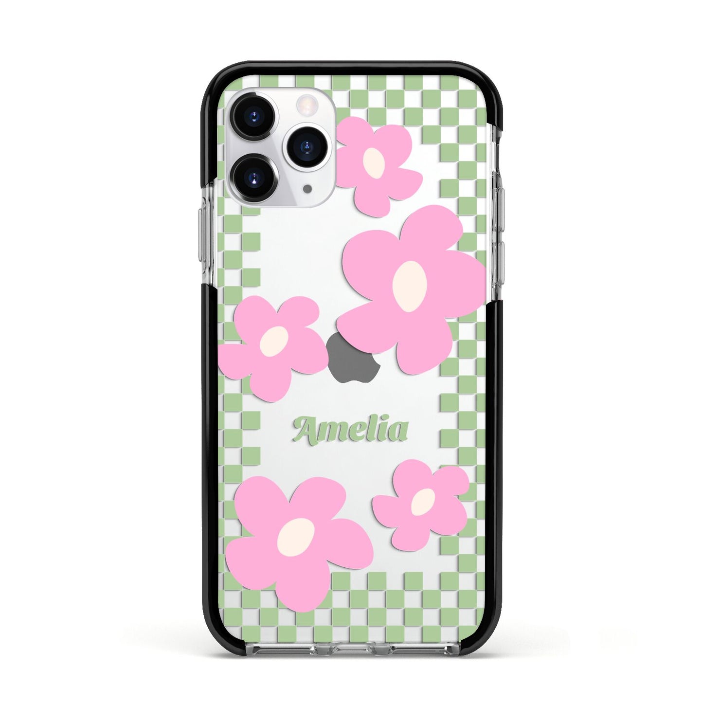 Personalised Check Floral Apple iPhone 11 Pro in Silver with Black Impact Case