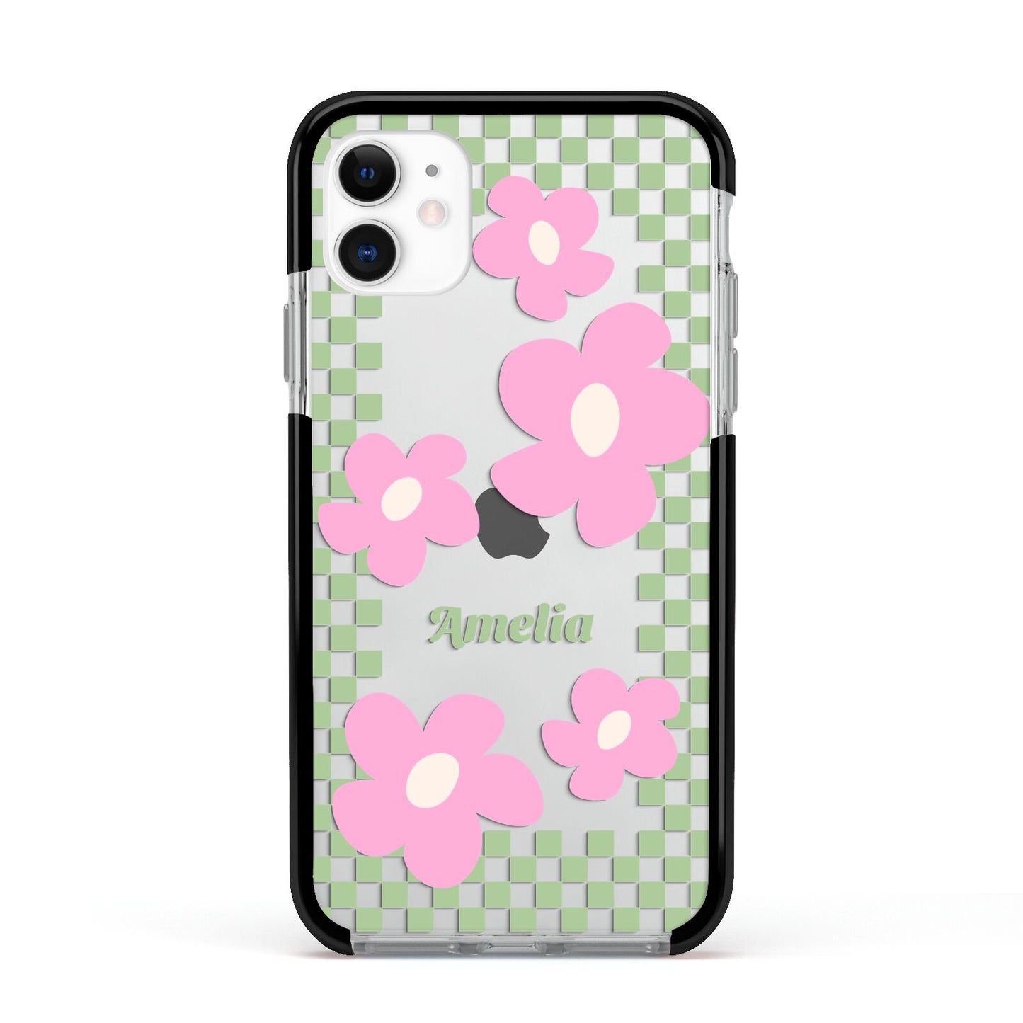 Personalised Check Floral Apple iPhone 11 in White with Black Impact Case