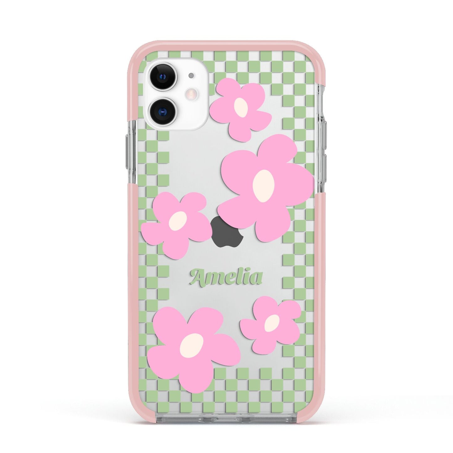 Personalised Check Floral Apple iPhone 11 in White with Pink Impact Case
