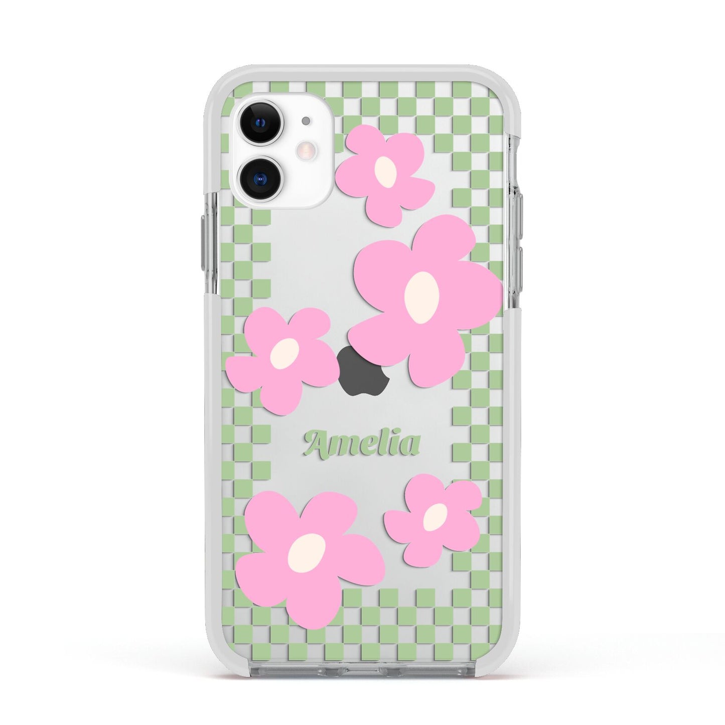 Personalised Check Floral Apple iPhone 11 in White with White Impact Case