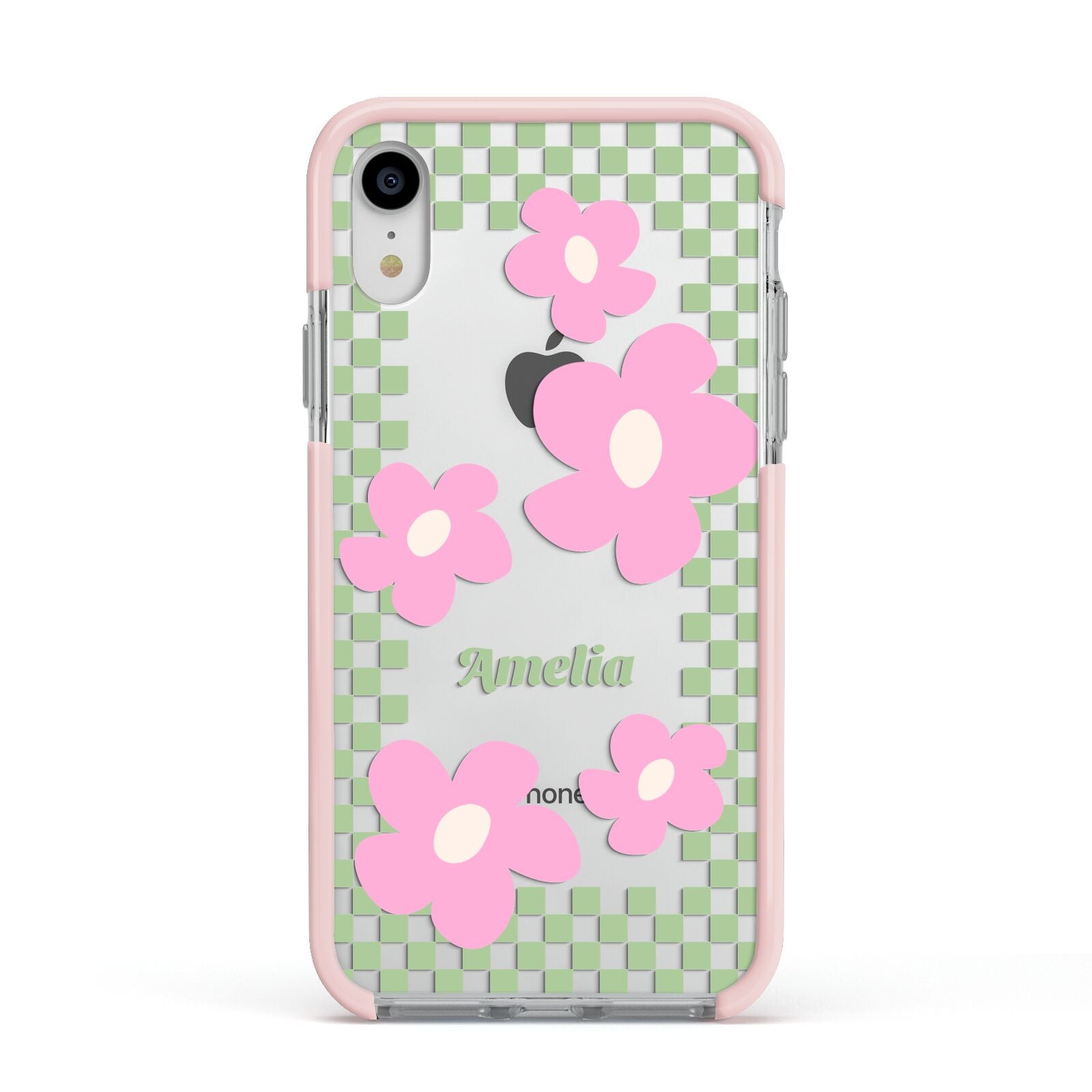 Personalised Check Floral Apple iPhone XR Impact Case Pink Edge on Silver Phone