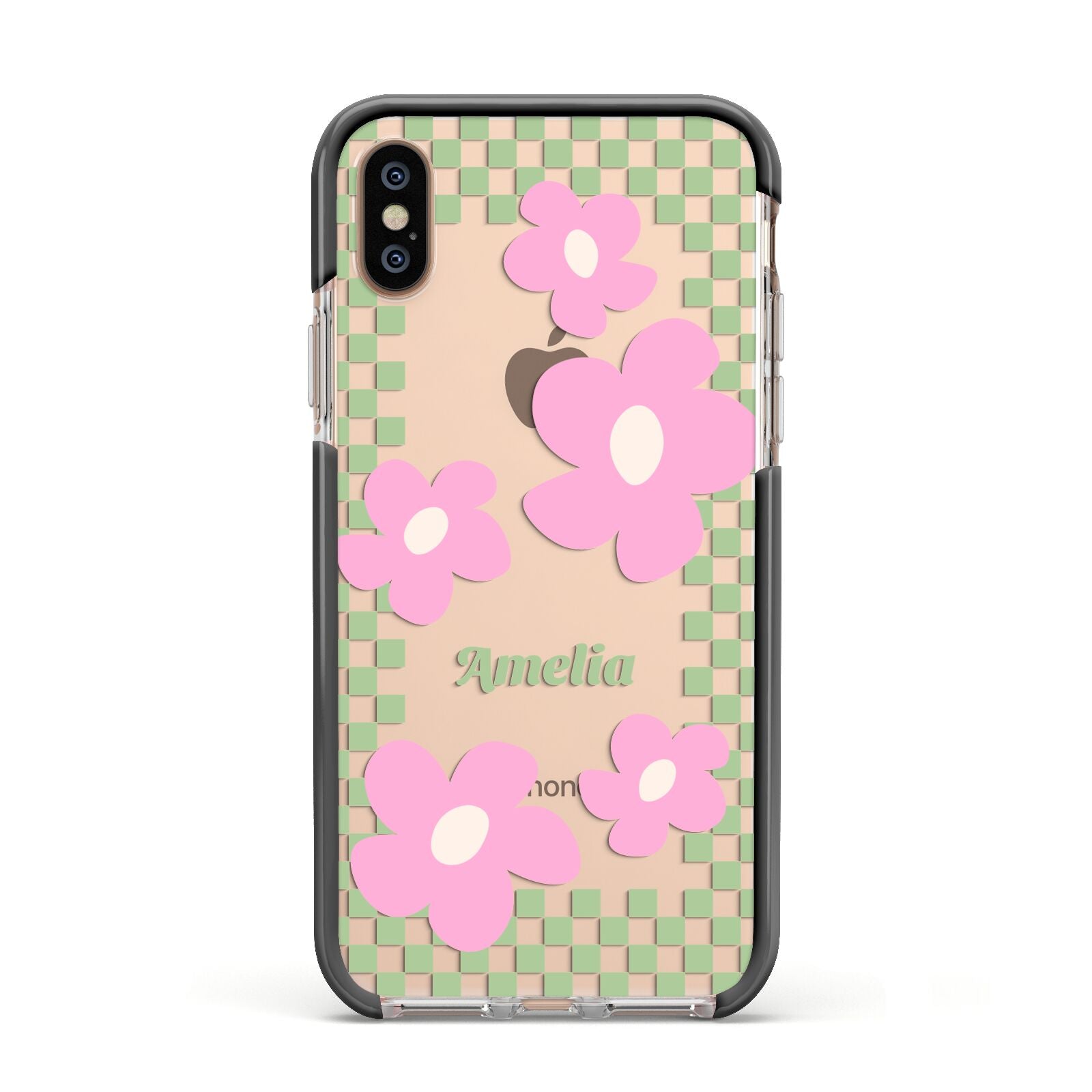 Personalised Check Floral Apple iPhone Xs Impact Case Black Edge on Gold Phone