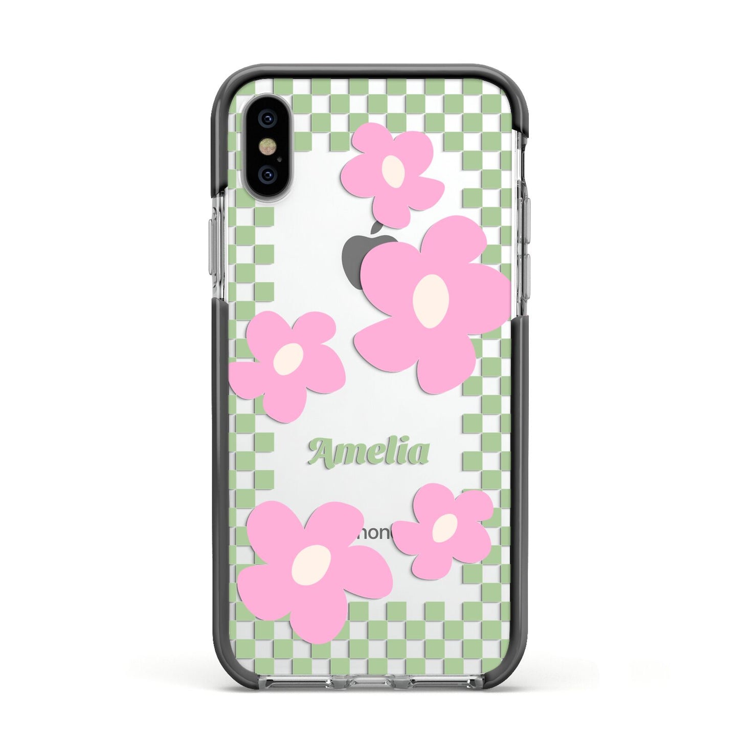 Personalised Check Floral Apple iPhone Xs Impact Case Black Edge on Silver Phone