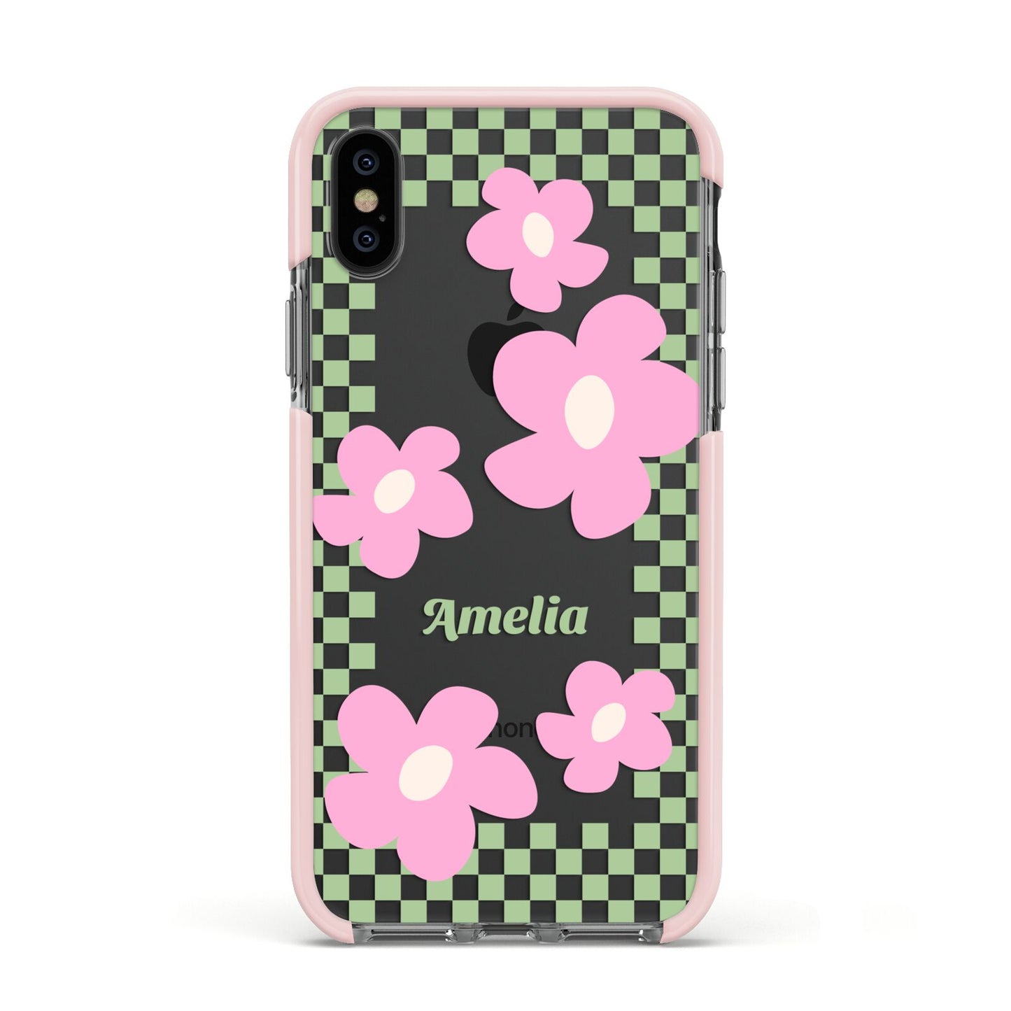 Personalised Check Floral Apple iPhone Xs Impact Case Pink Edge on Black Phone