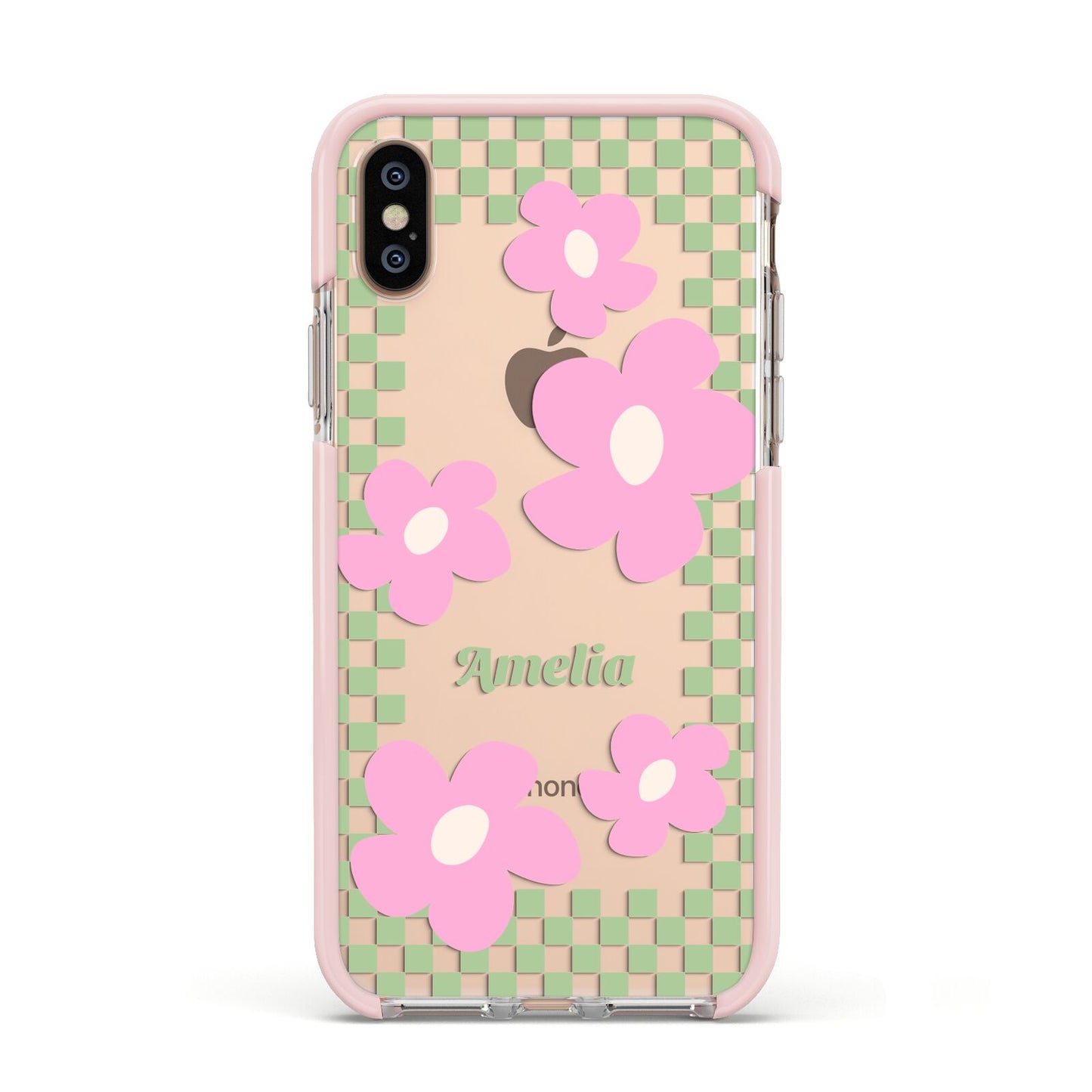 Personalised Check Floral Apple iPhone Xs Impact Case Pink Edge on Gold Phone