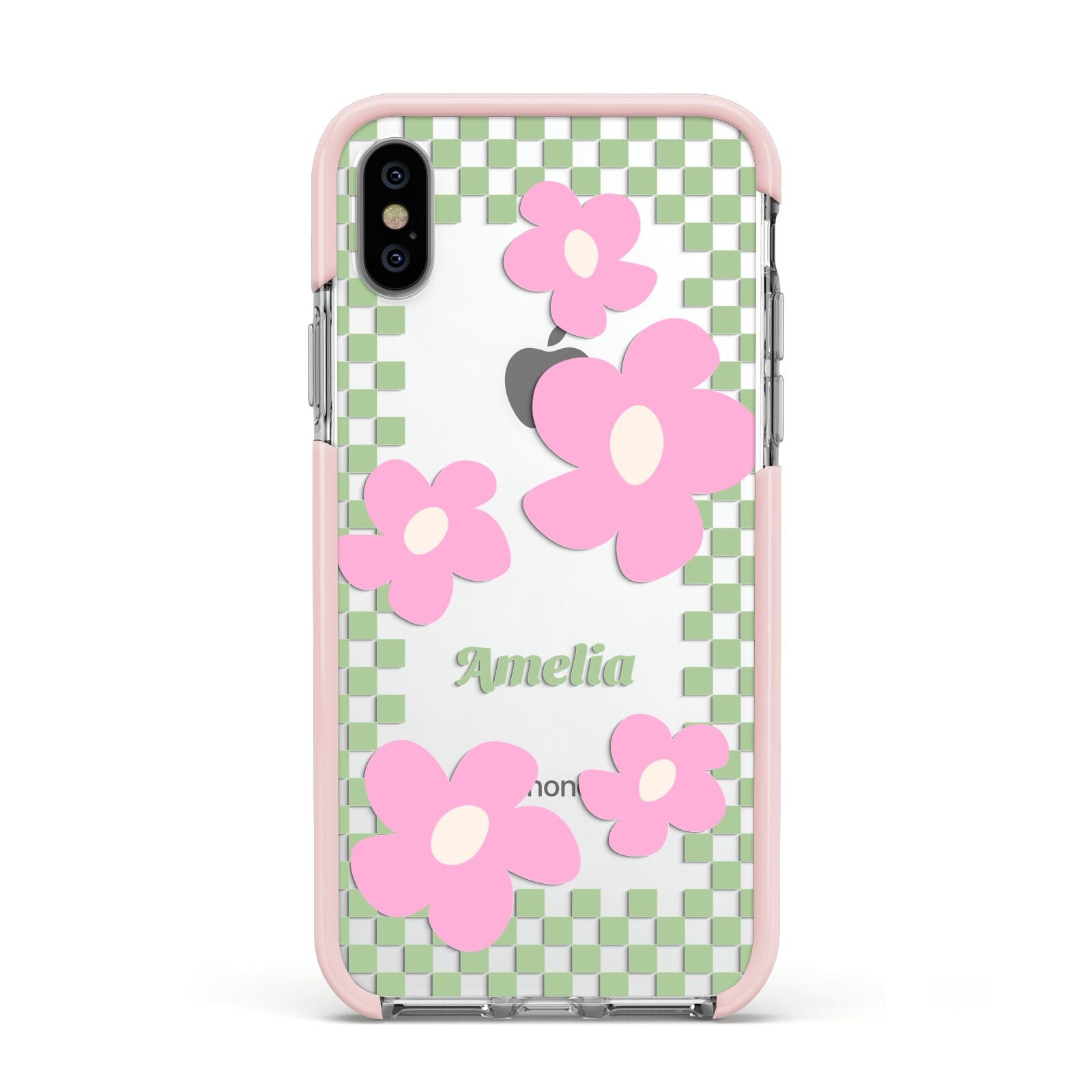 Personalised Check Floral Apple iPhone Xs Impact Case Pink Edge on Silver Phone