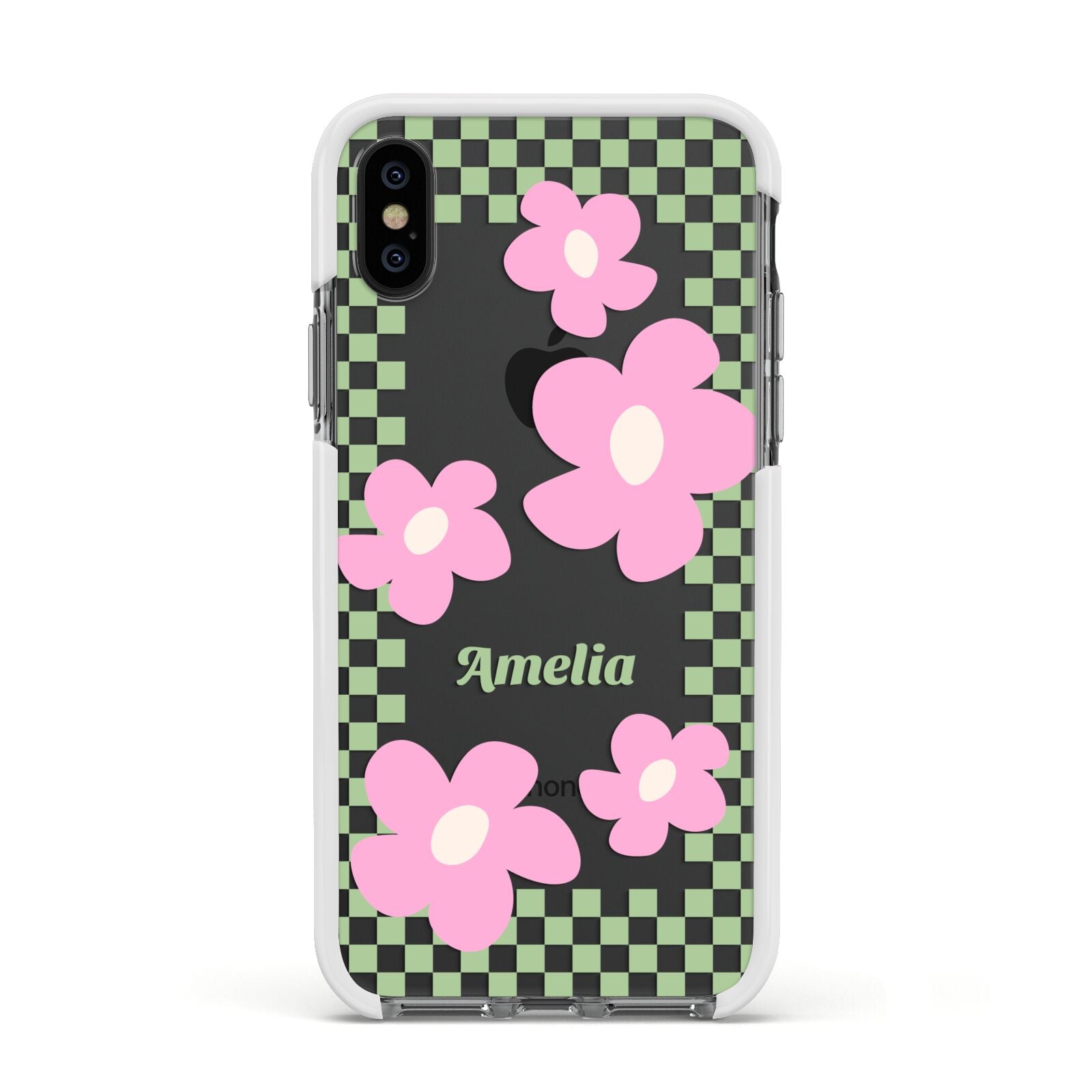 Personalised Check Floral Apple iPhone Xs Impact Case White Edge on Black Phone
