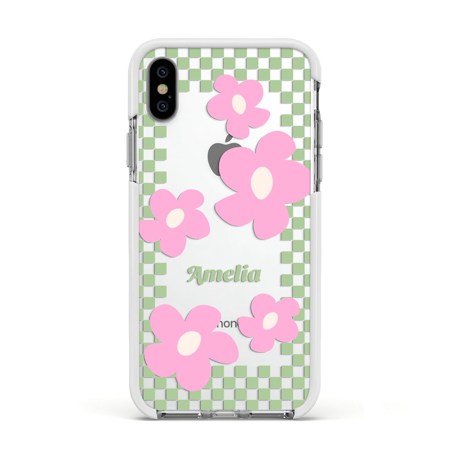 Personalised Check Floral Apple iPhone Xs Impact Case White Edge on Silver Phone