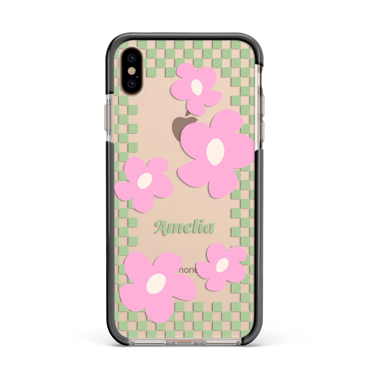 Personalised Check Floral Apple iPhone Xs Max Impact Case Black Edge on Gold Phone