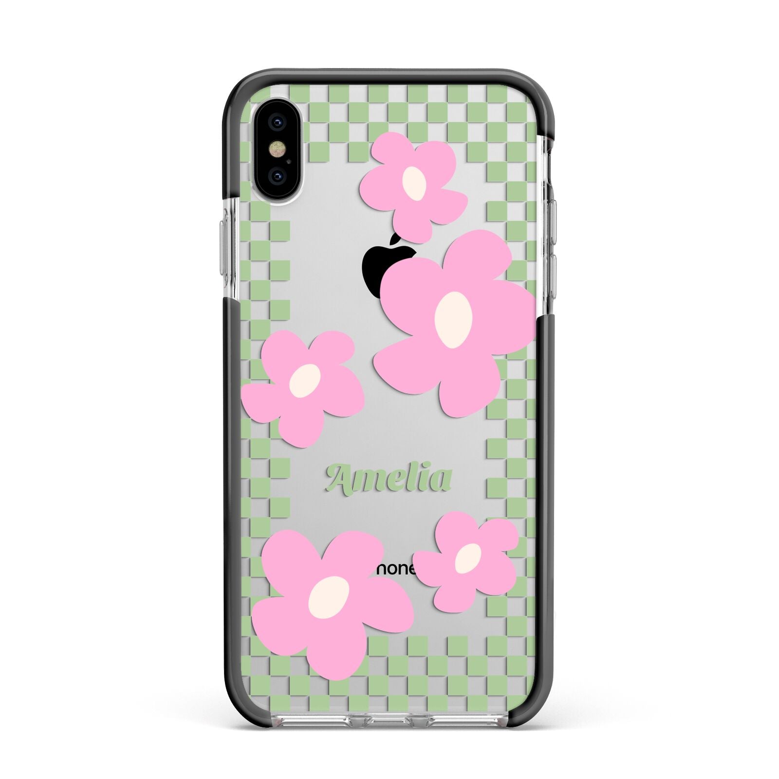 Personalised Check Floral Apple iPhone Xs Max Impact Case Black Edge on Silver Phone