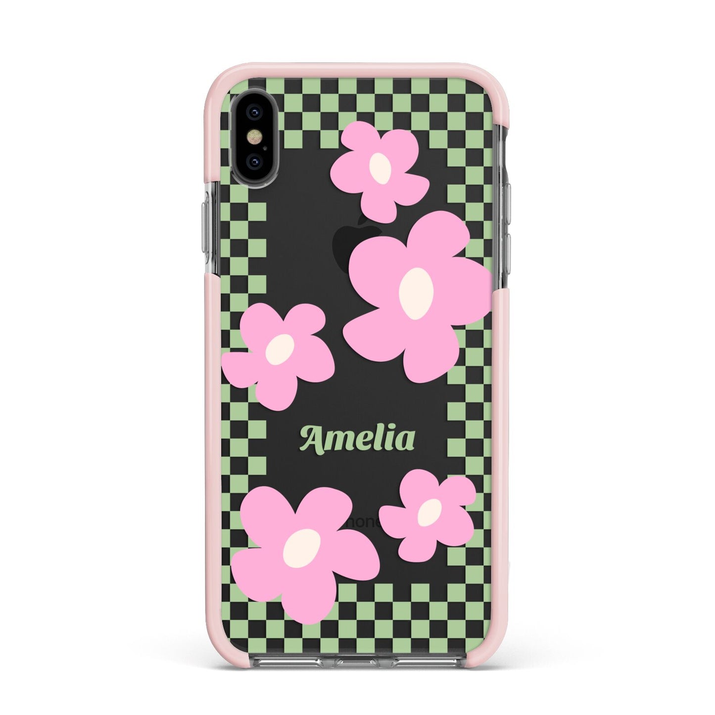 Personalised Check Floral Apple iPhone Xs Max Impact Case Pink Edge on Black Phone