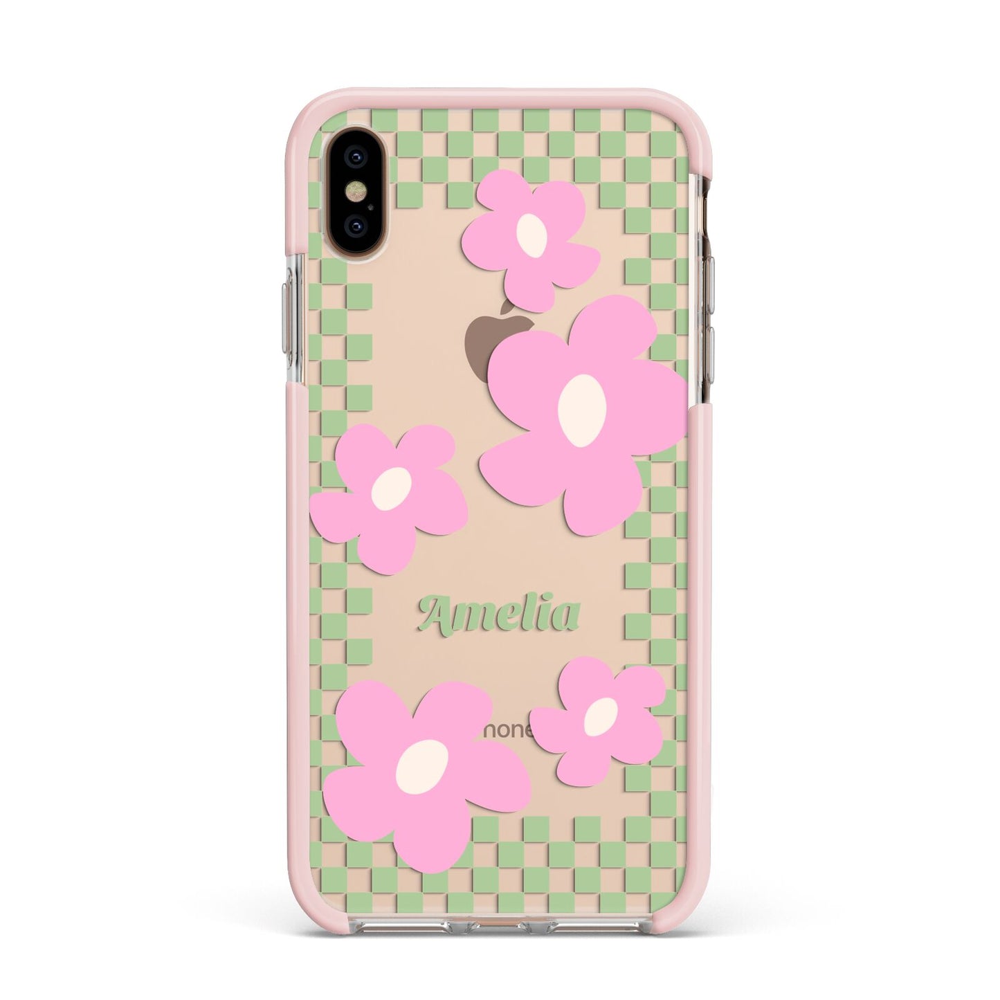 Personalised Check Floral Apple iPhone Xs Max Impact Case Pink Edge on Gold Phone