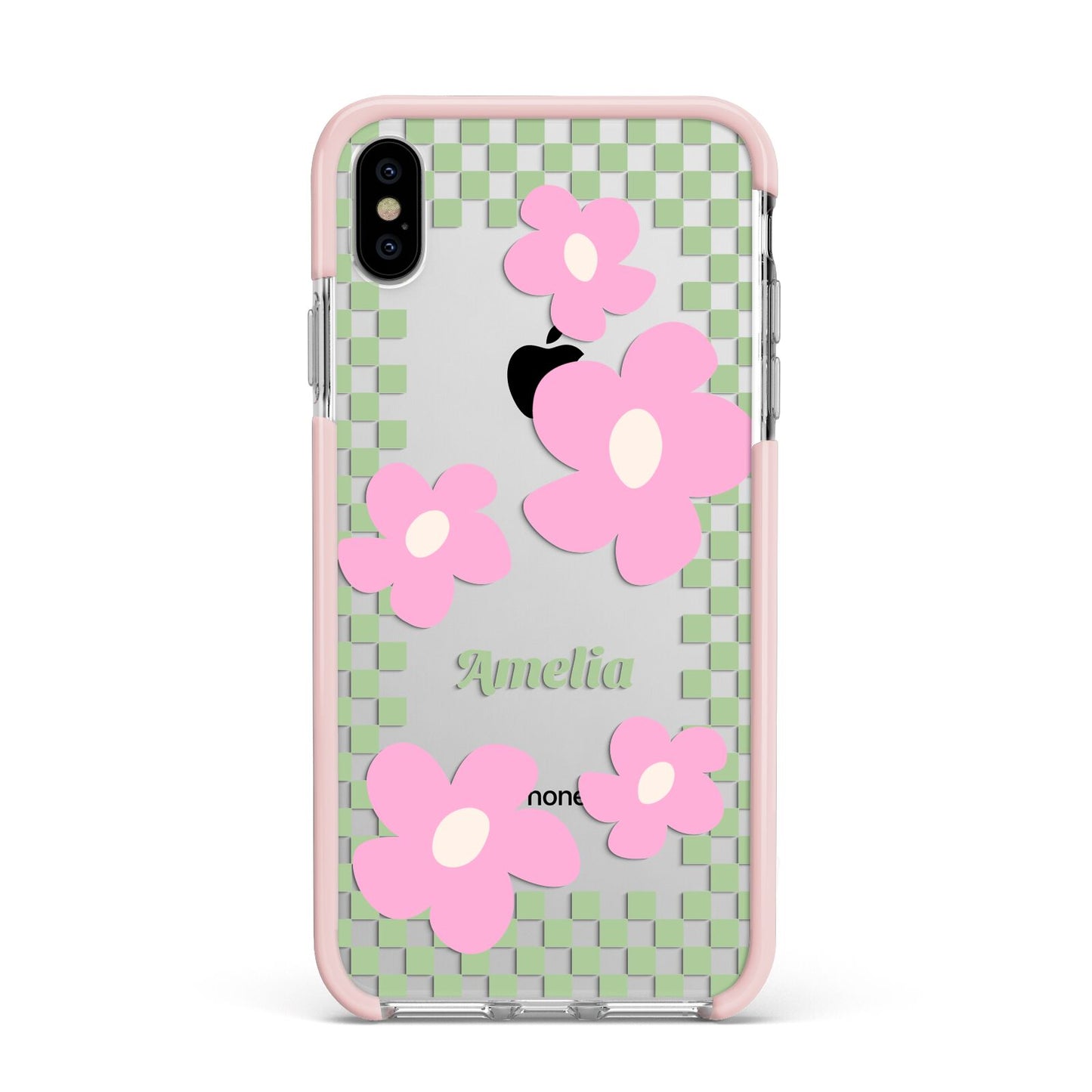 Personalised Check Floral Apple iPhone Xs Max Impact Case Pink Edge on Silver Phone