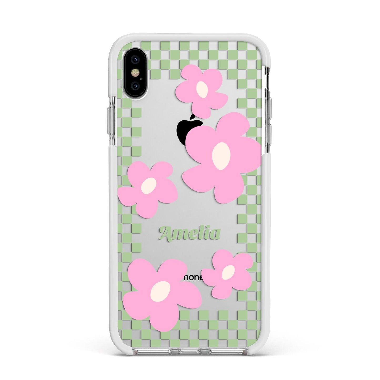 Personalised Check Floral Apple iPhone Xs Max Impact Case White Edge on Silver Phone