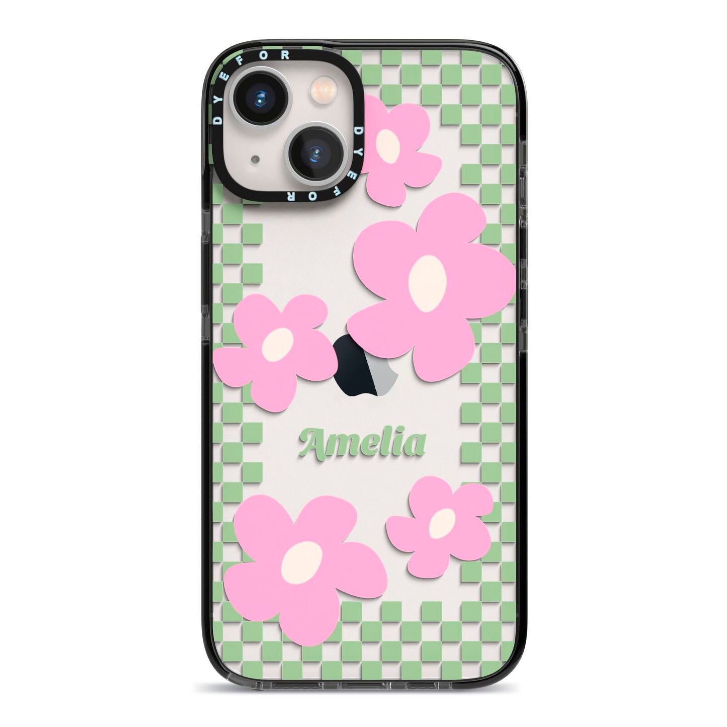 Personalised Check Floral iPhone 13 Black Impact Case on Silver phone
