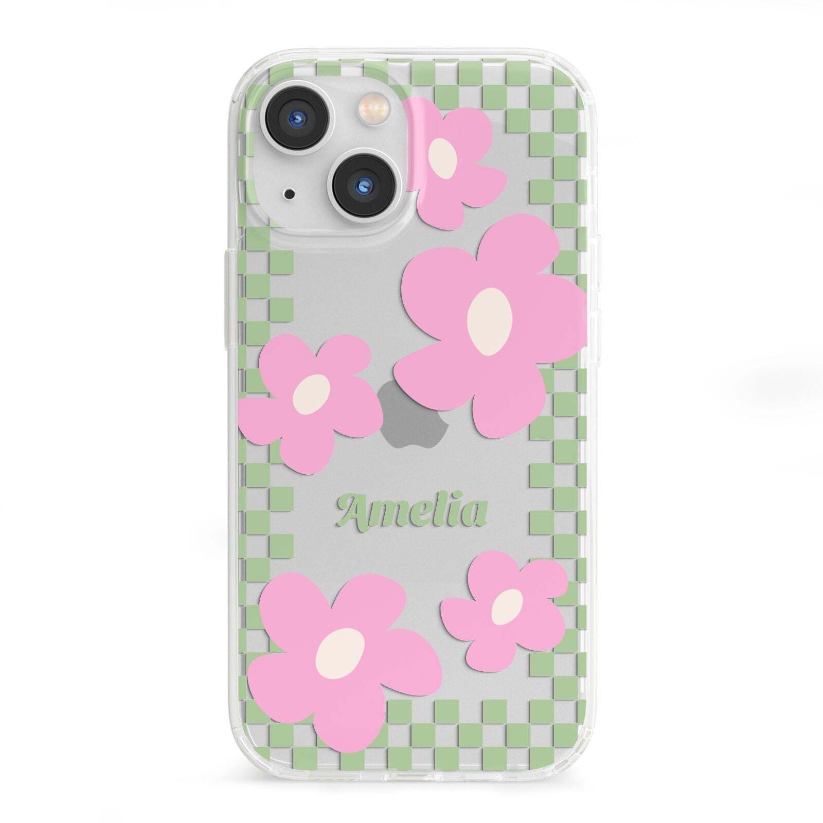 Personalised Check Floral iPhone 13 Mini Clear Bumper Case