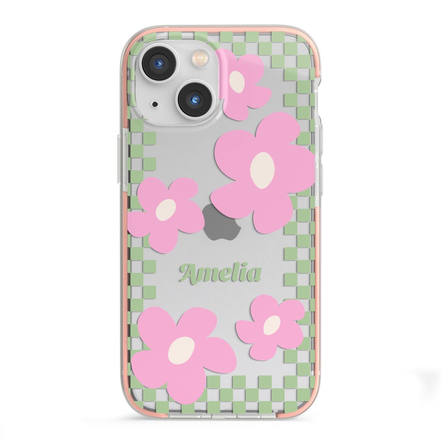 Personalised Check Floral iPhone 13 Mini TPU Impact Case with Pink Edges
