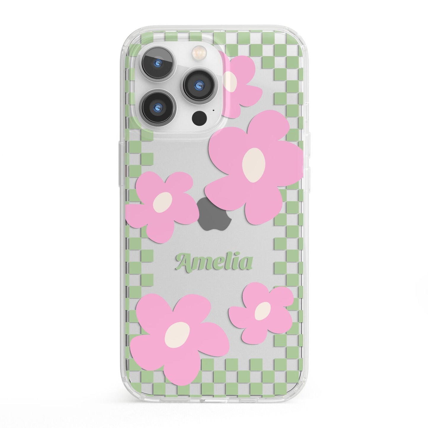 Personalised Check Floral iPhone 13 Pro Clear Bumper Case