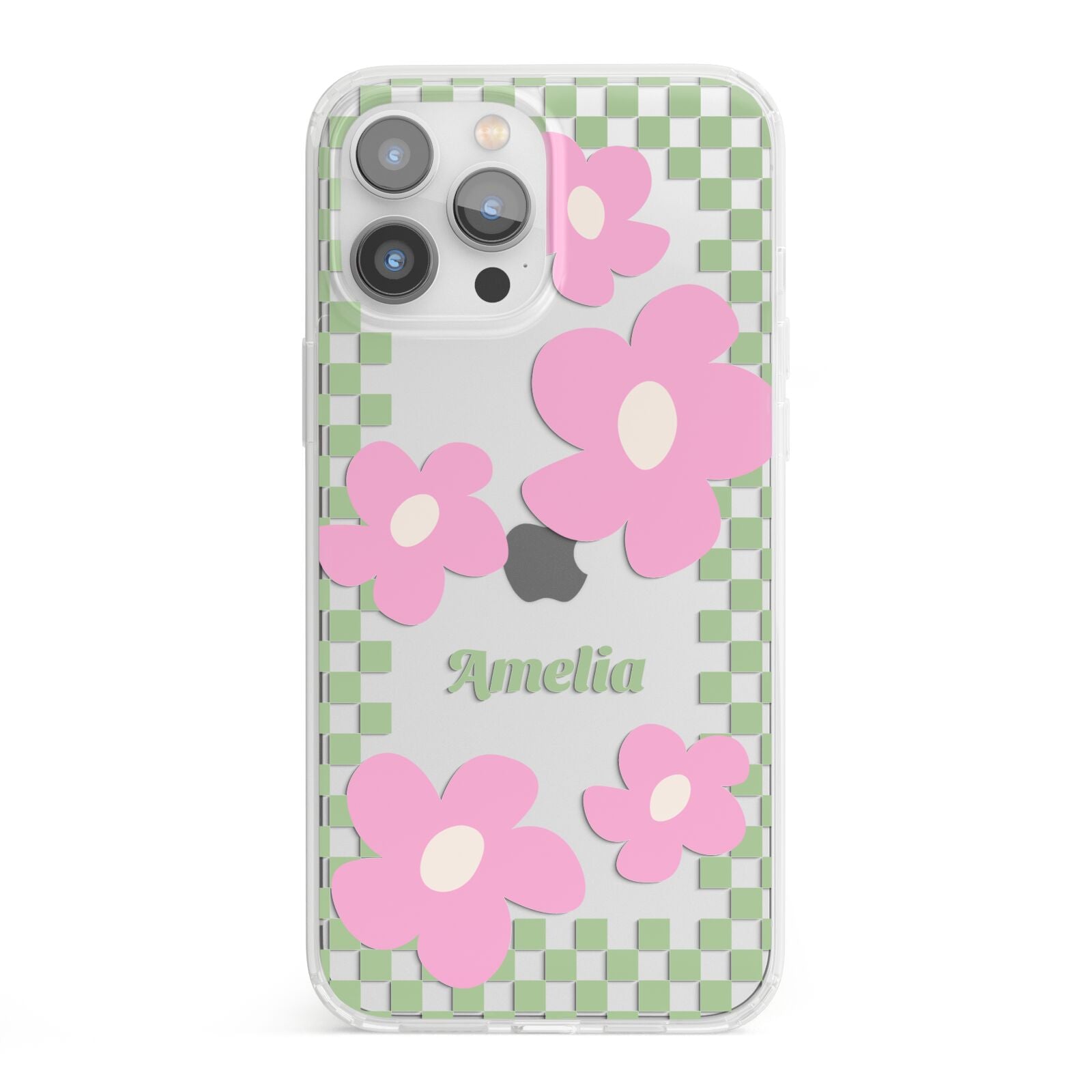 Personalised Check Floral iPhone 13 Pro Max Clear Bumper Case